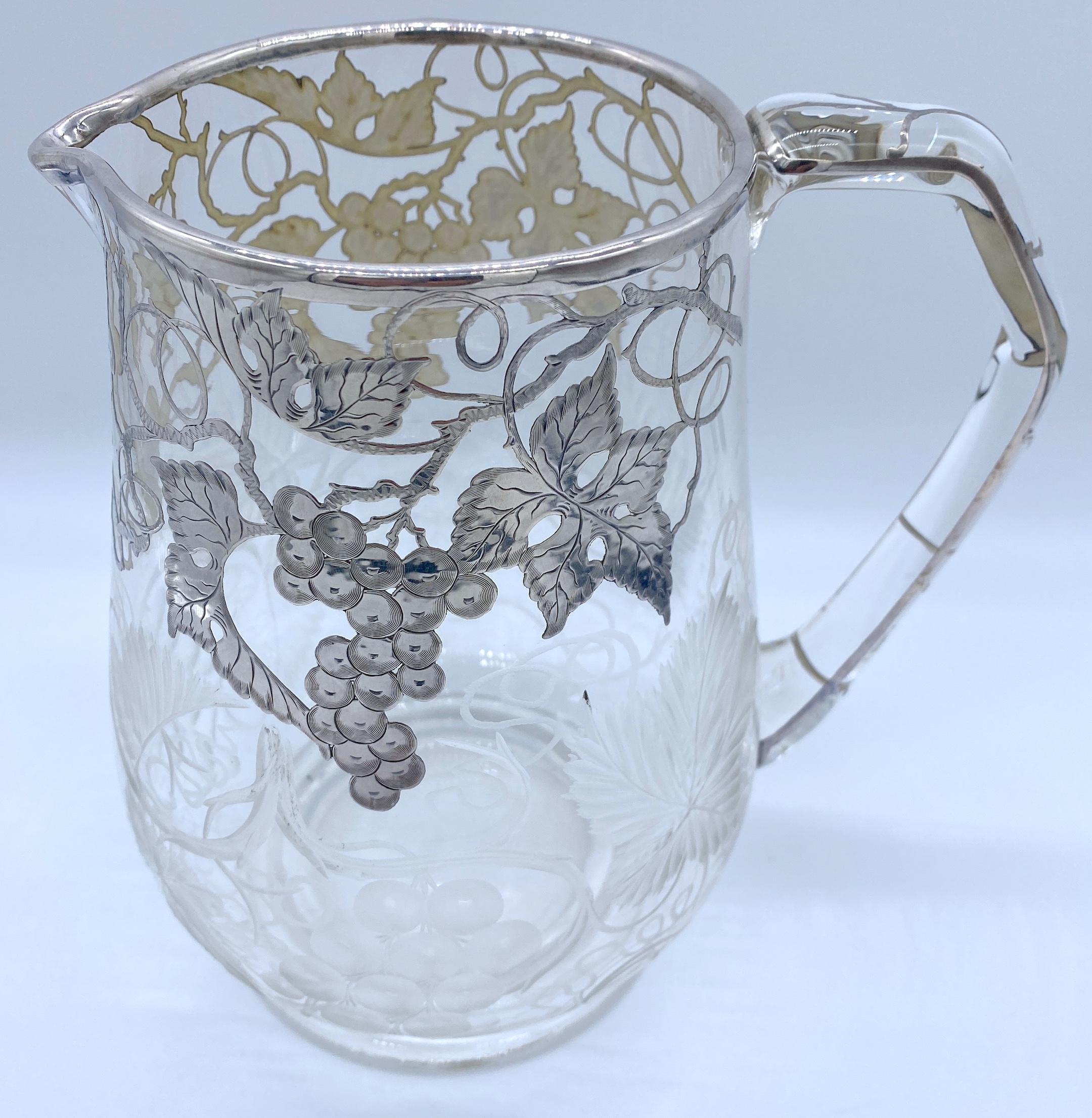American Engraved Grape Motif & Silver Overlay Crystal Pitcher, Possibly Hawkes In Good Condition For Sale In West Palm Beach, FL