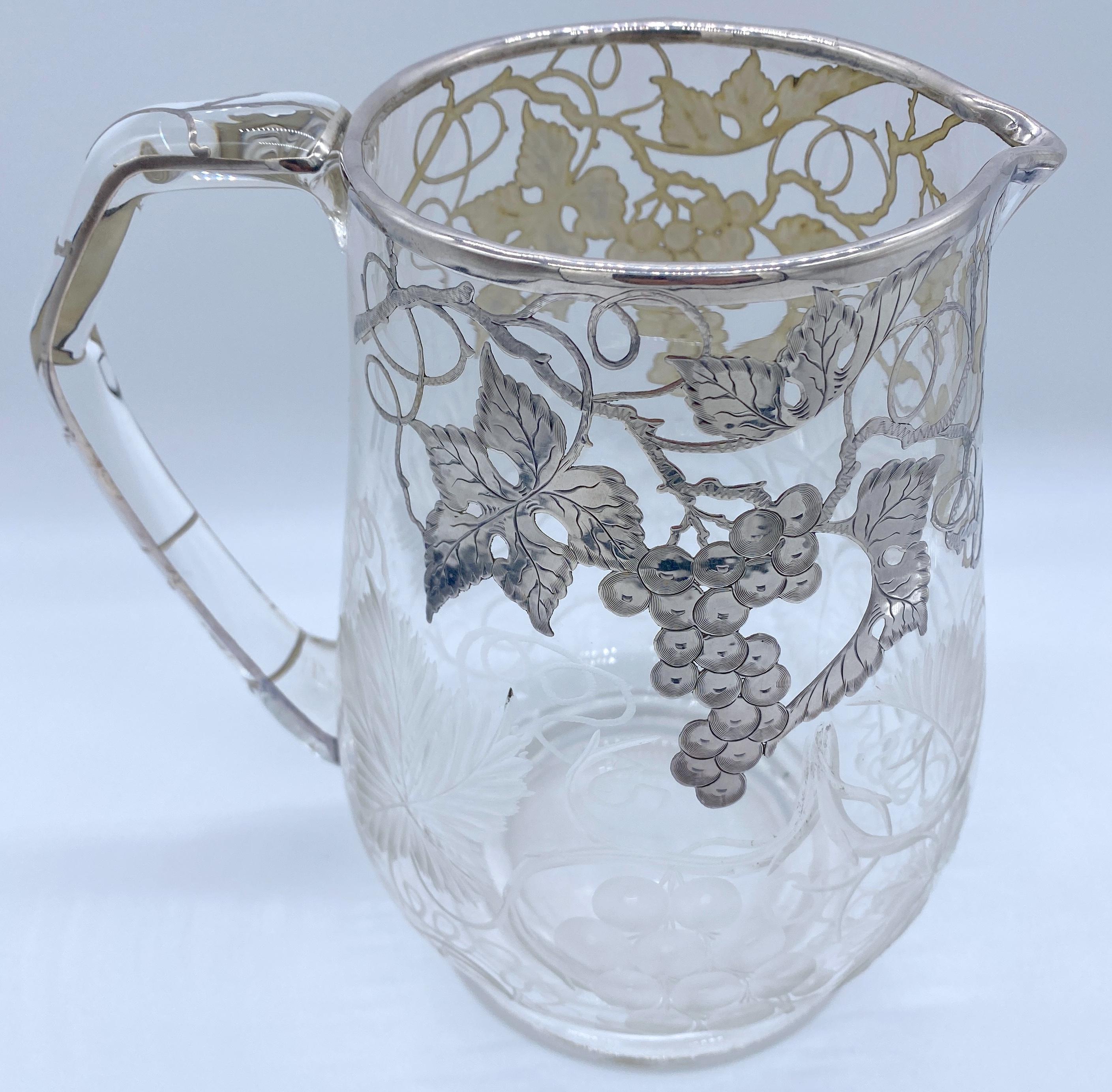 20th Century American Engraved Grape Motif & Silver Overlay Crystal Pitcher, Possibly Hawkes For Sale