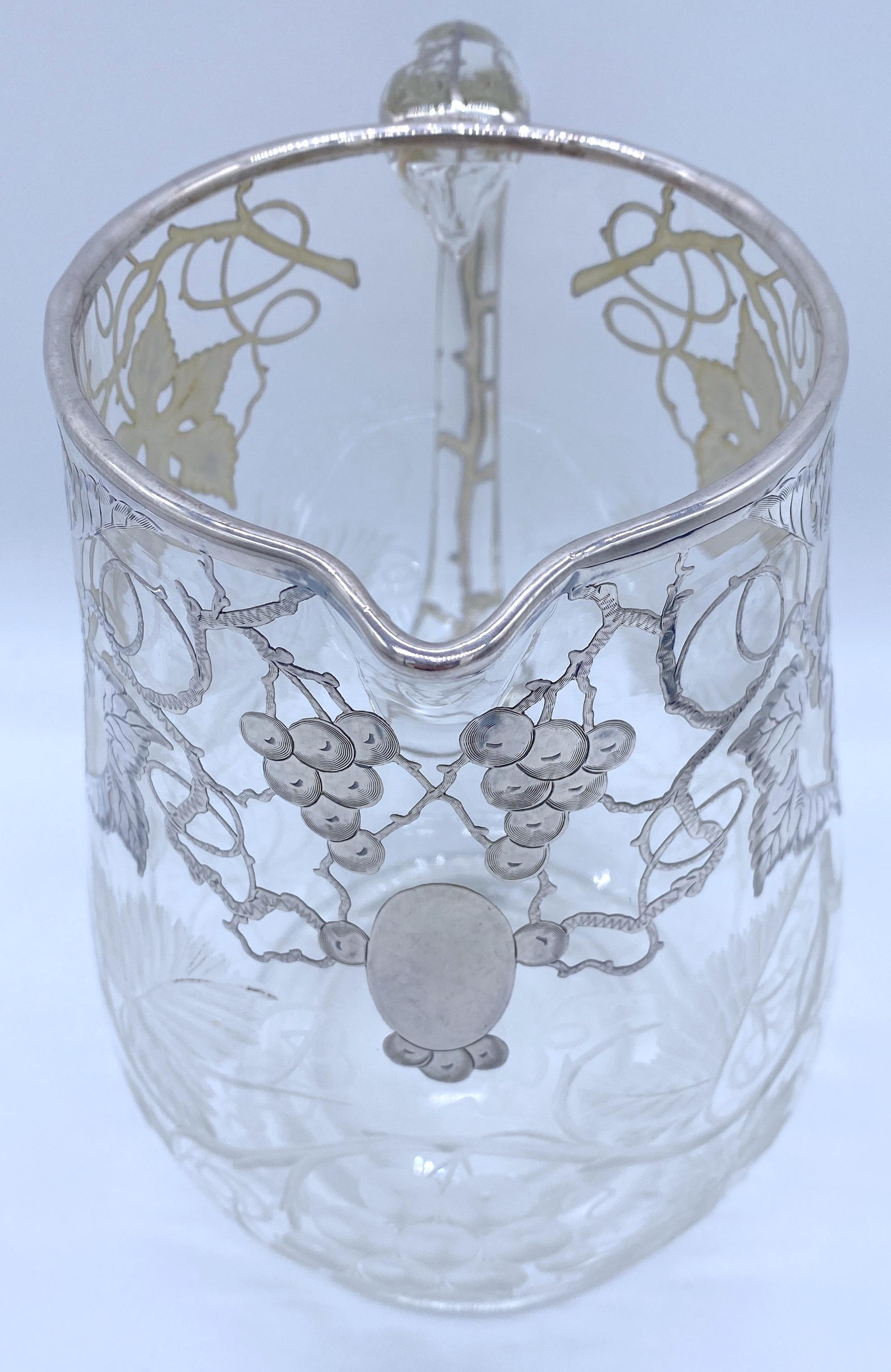 American Engraved Grape Motif & Silver Overlay Crystal Pitcher, Possibly Hawkes For Sale 1