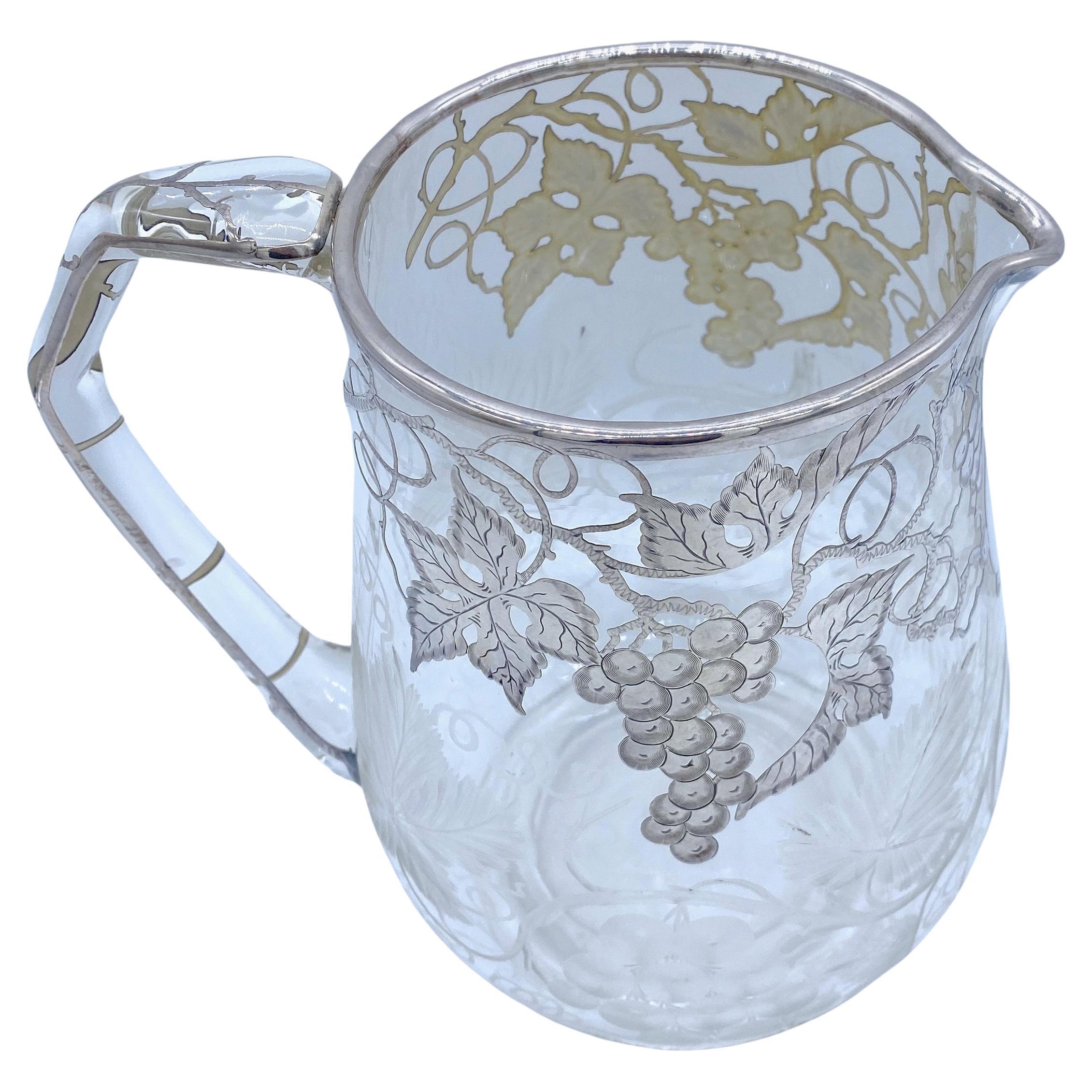 American Engraved Grape Motif & Silver Overlay Crystal Pitcher, Possibly Hawkes For Sale