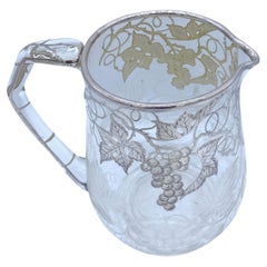 Antique American Engraved Grape Motif & Silver Overlay Crystal Pitcher, Possibly Hawkes
