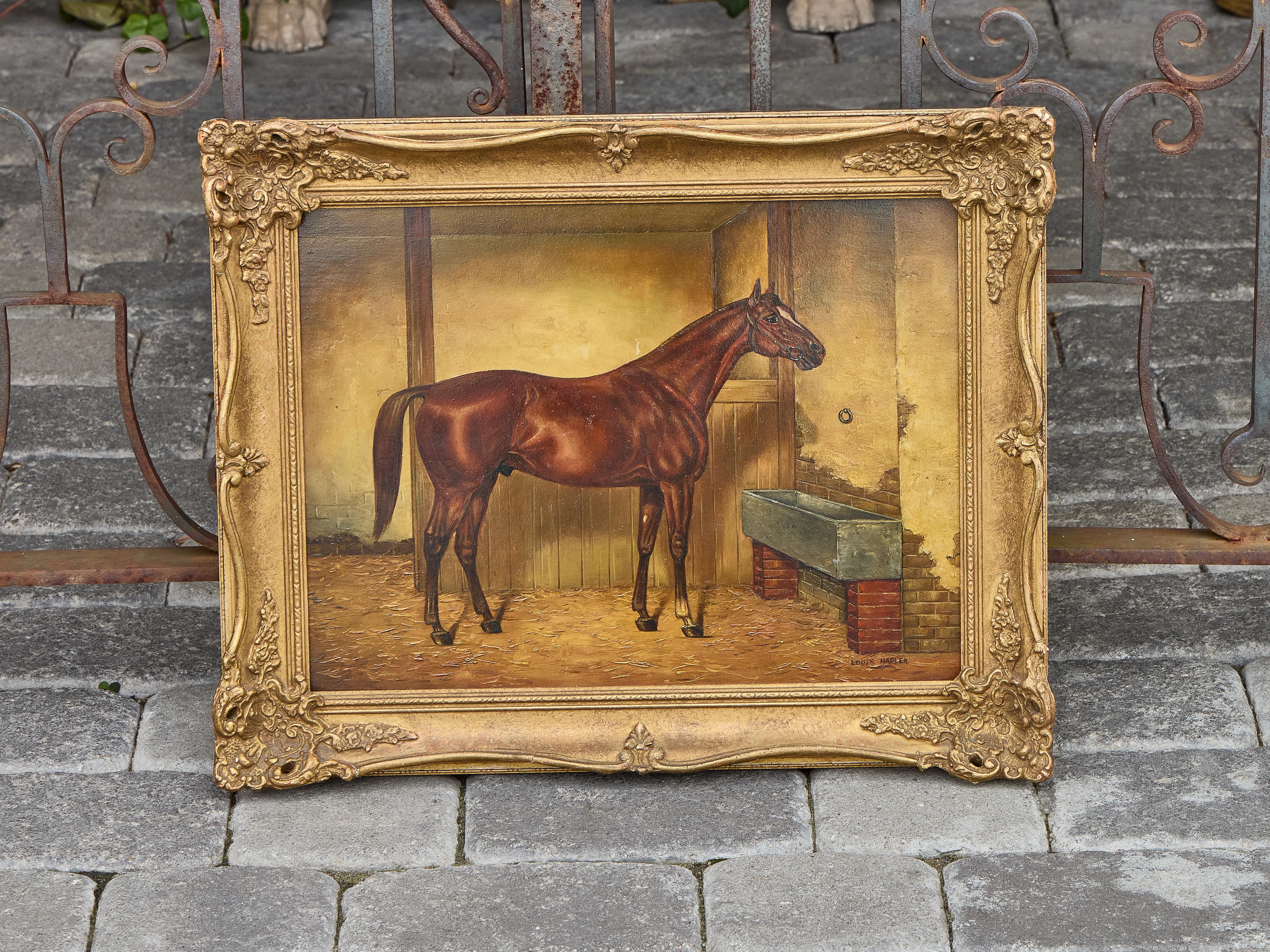 Carved American Equestrian Oil on Board Signed Louis Nadler, Early 20th Century For Sale