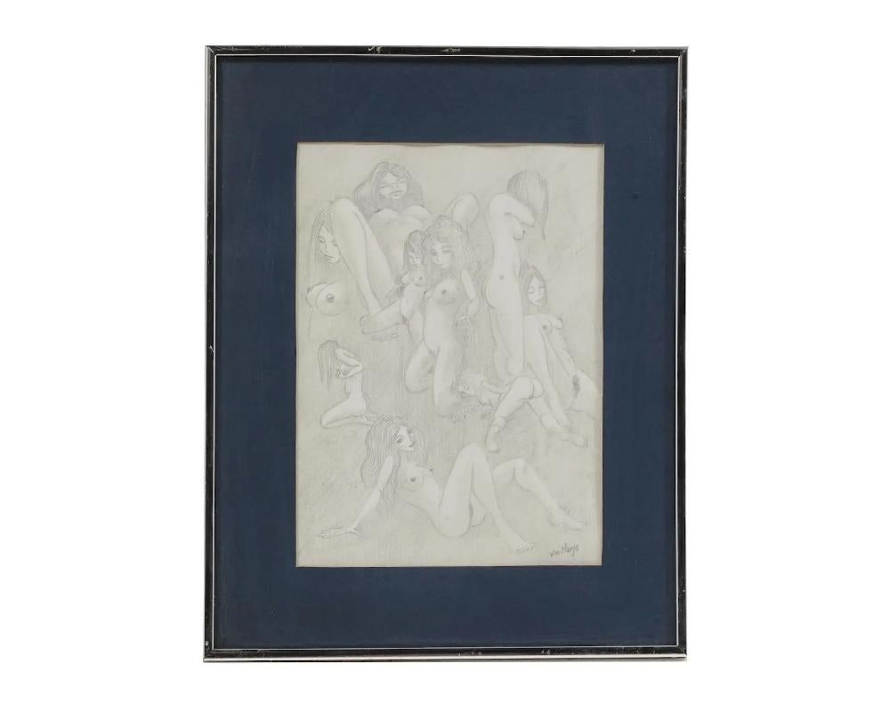 William Monje, an American 20th and 21st centuries artist, pencil painting on paper depicting a Medieval fantasy erotic scene in a mountain river landscape. Signed lower right. Framed. William Monje is a Modern and Contemporary artist and theatre