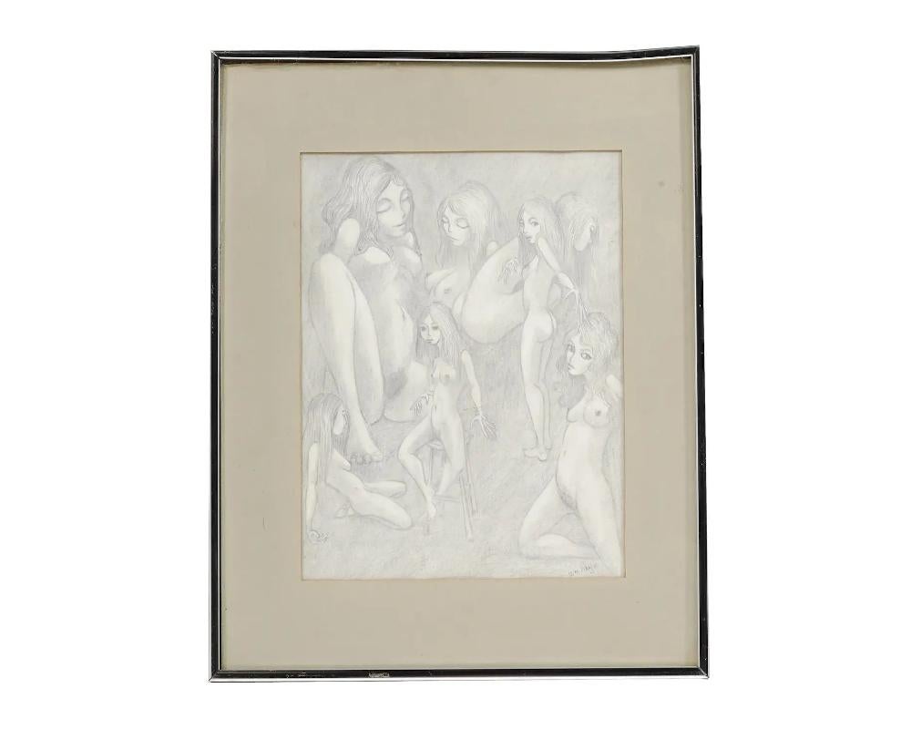 William Monje, an American 20th and 21st centuries artist, pencil painting on paper depicting nude female portraits. Signed lower right. Framed. William Monje is a Modern and Contemporary artist and theatre designer, known for portraits, genre and
