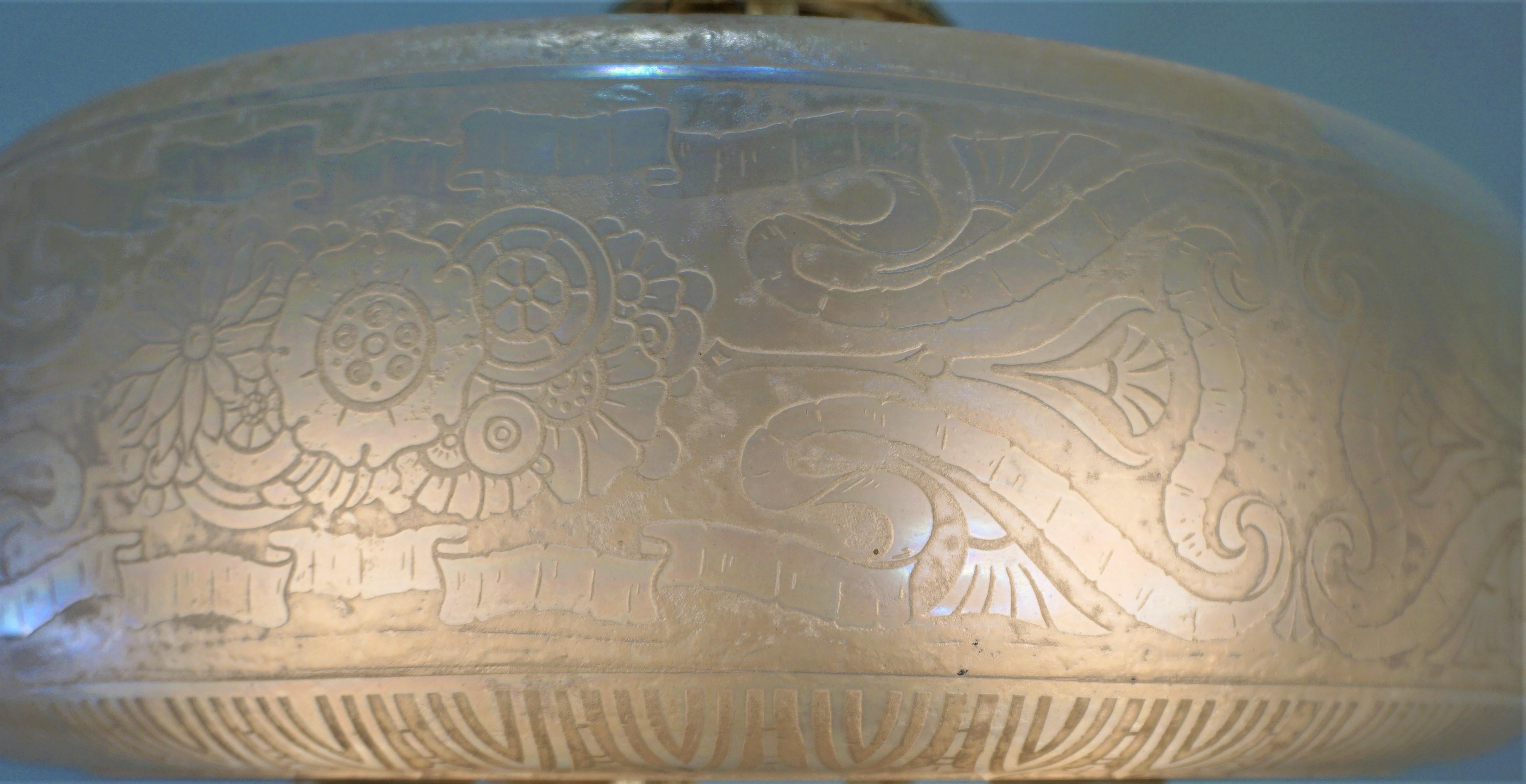 American Etched Glass Art Deco Lightolier Chandelier 1