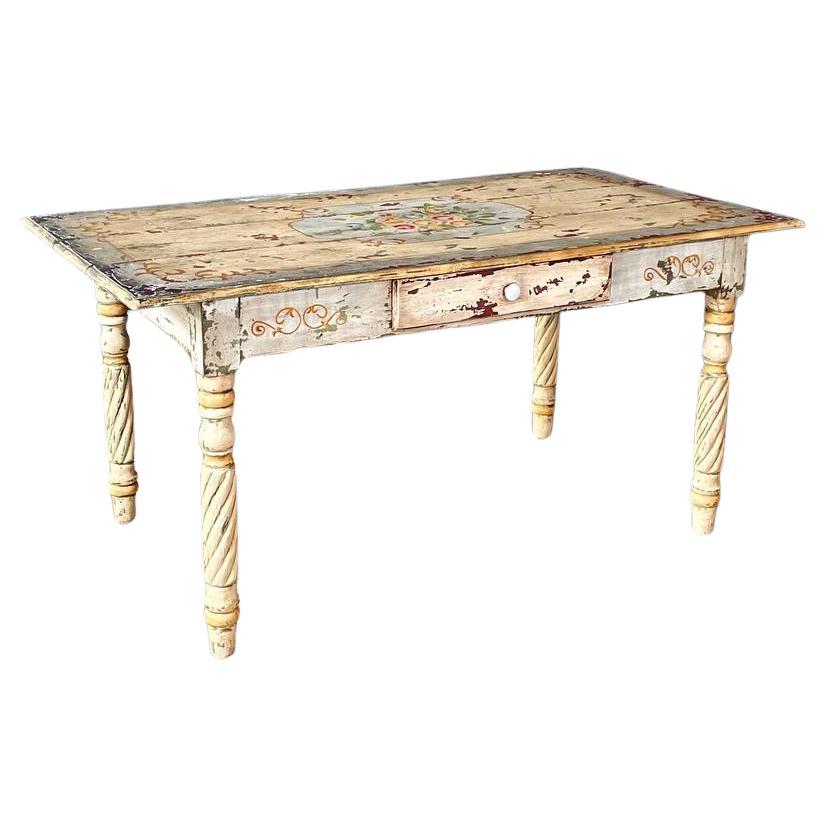 American Farmhouse Painted Oak Harvest Dining Table, Distressed Finish, 1940’s