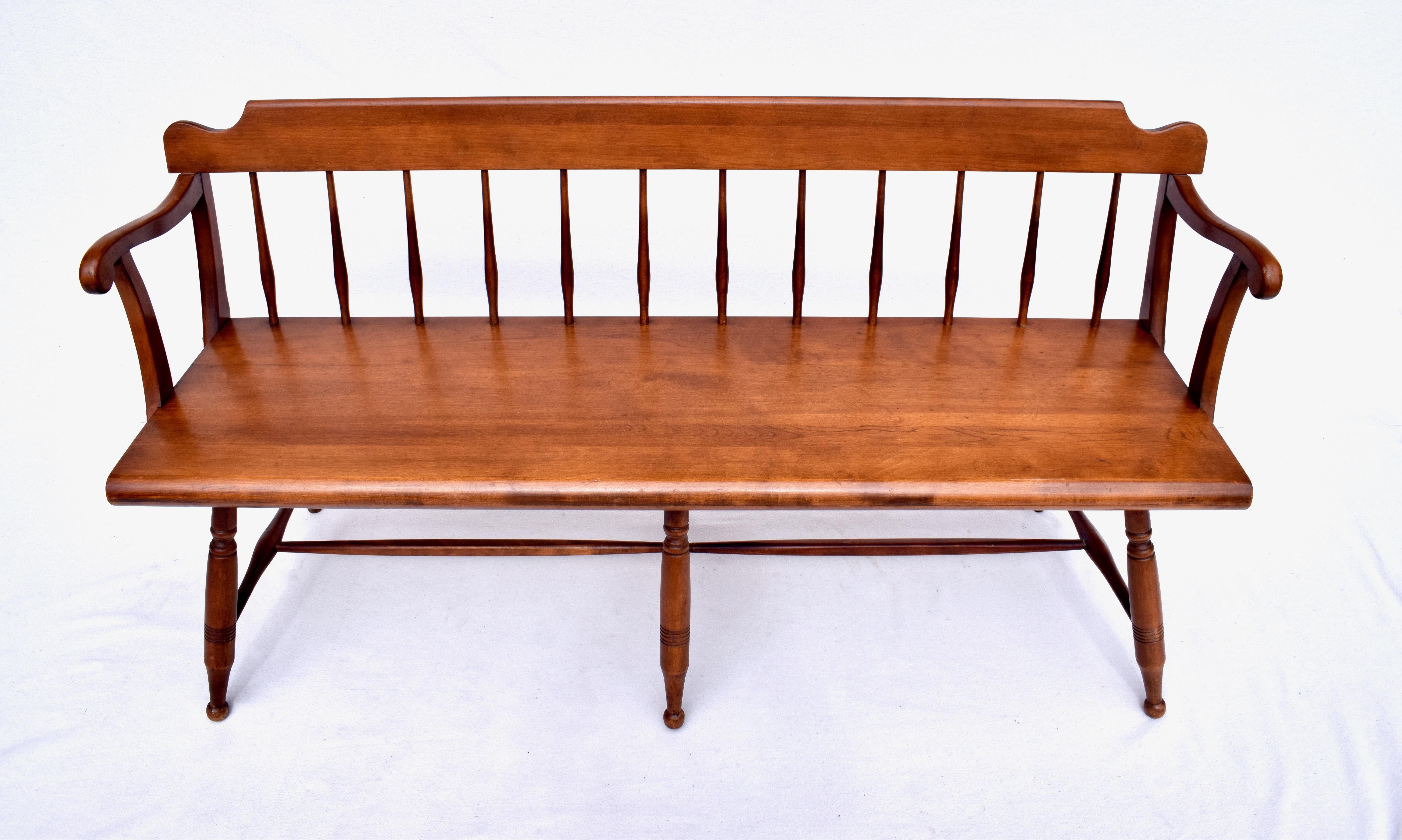 Woven American Farmhouse Windsor Style Maple Spindle Back Bench