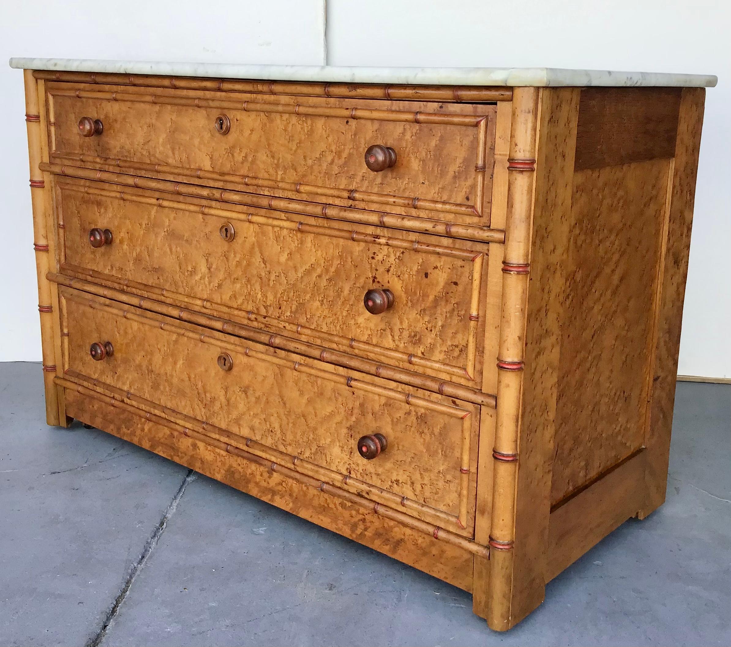American Faux Bamboo Marble Top Chest In Good Condition In Bradenton, FL