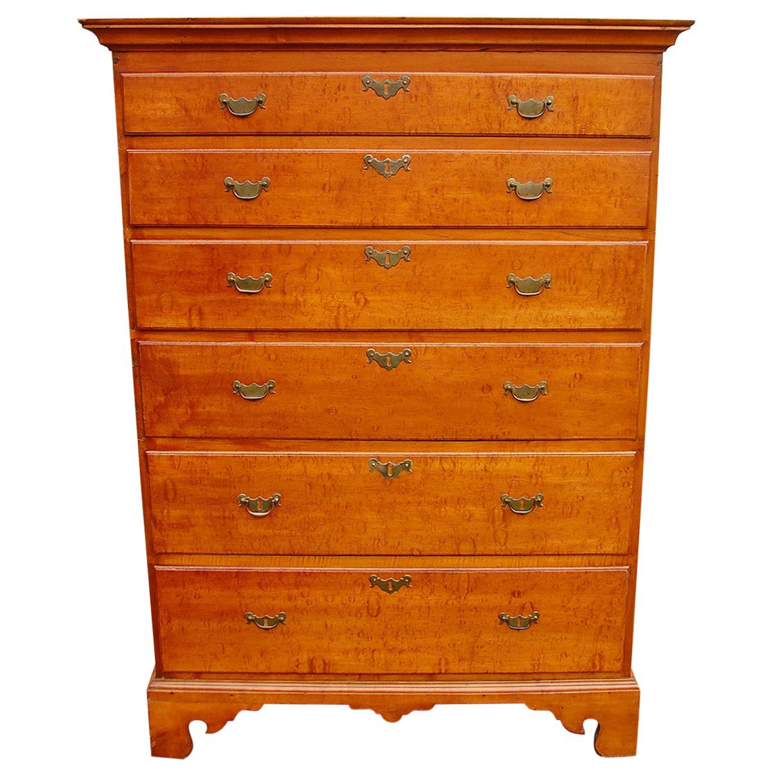 American Federal 18th Century Tiger Maple Tall Six Drawer Chippendale Chest