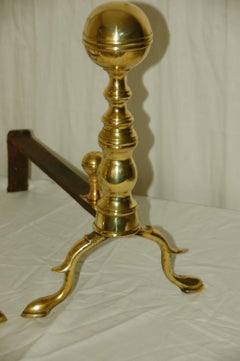 American Federal Belted Brass Ball Top Andirons 18th Century