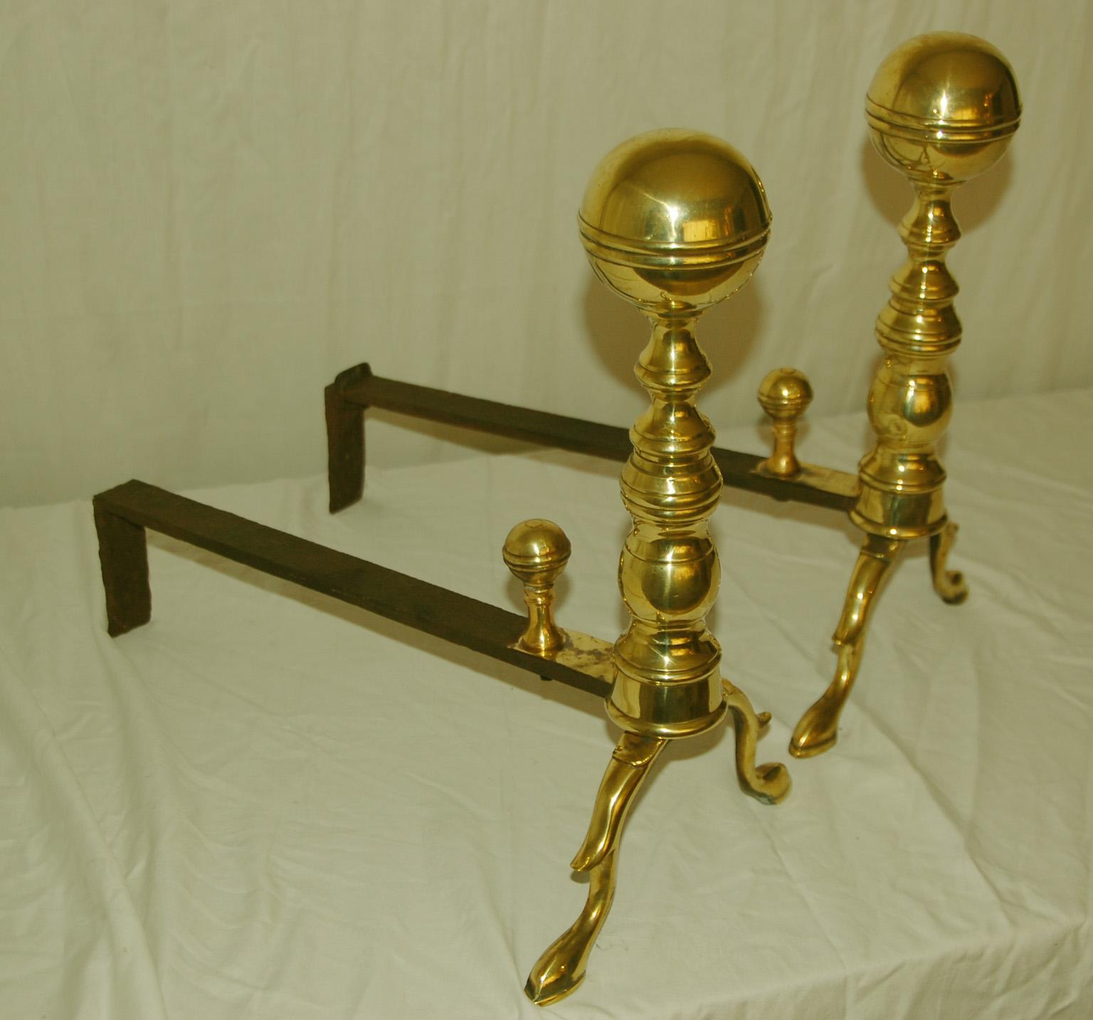 American Federal Belted Brass Ball Top Andirons 18th Century In Good Condition In Wells, ME