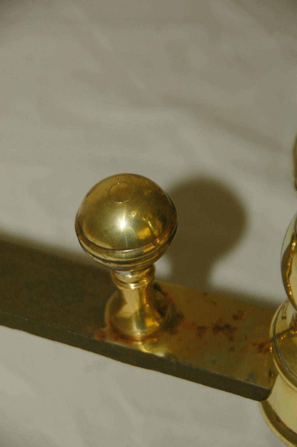 American Federal Belted Brass Ball Top Andirons 18th Century 1
