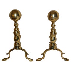 Antique American Federal Belted Brass Ball Top Andirons 18th Century