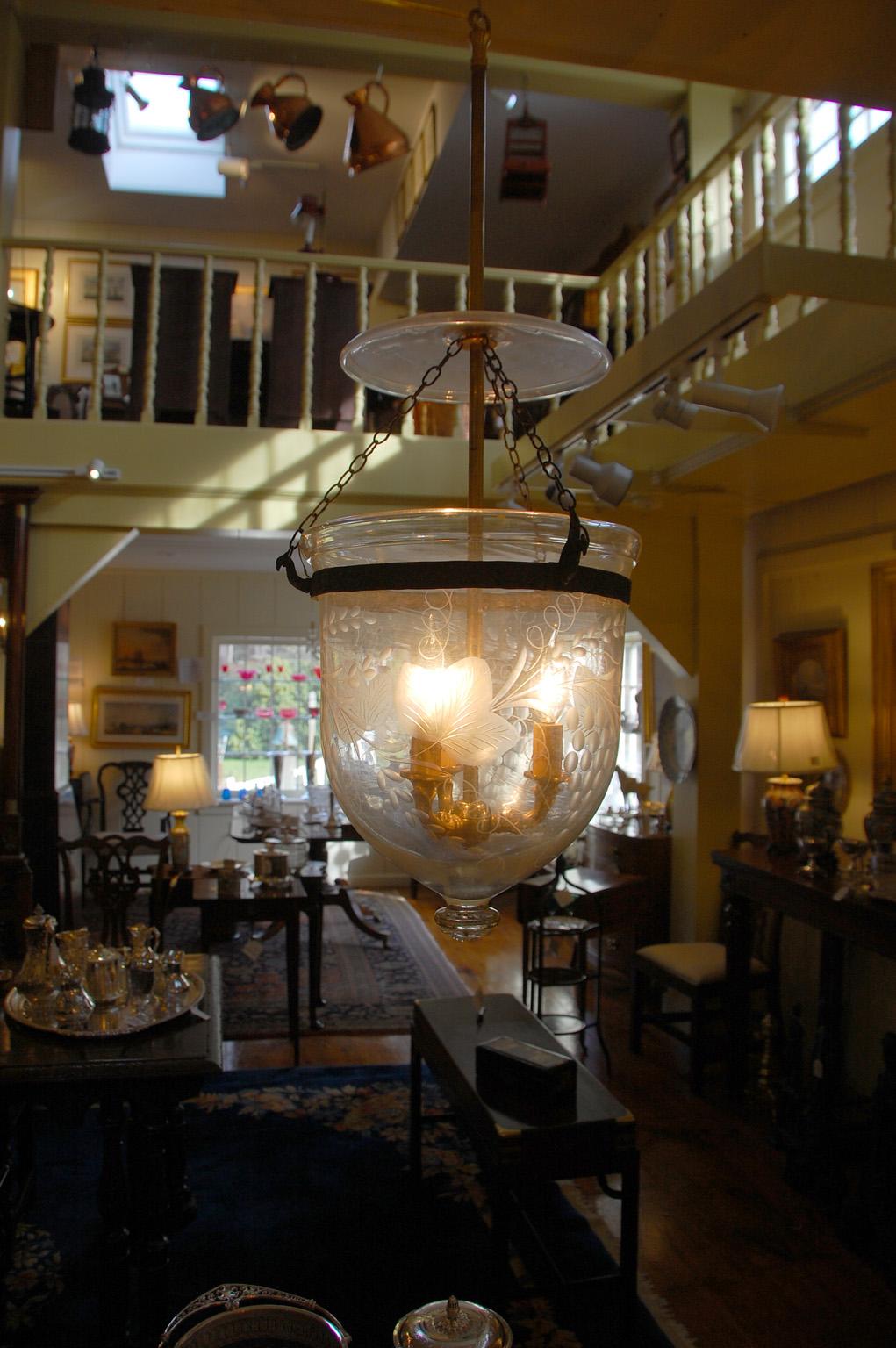 American Federal Blown Glass Hanging Light with Blown Glass Smoke Dome In Good Condition In Wells, ME