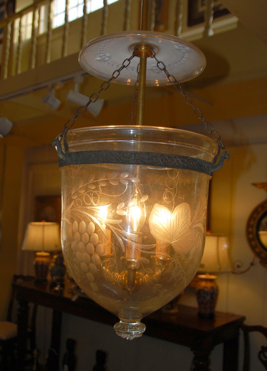 19th Century American Federal Blown Glass Hanging Light with Blown Glass Smoke Dome