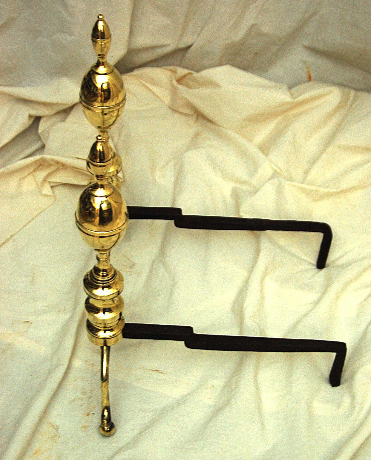 American Federal Period Brass Double Lemon Top Andirons and Matching Firetools In Good Condition In Wells, ME