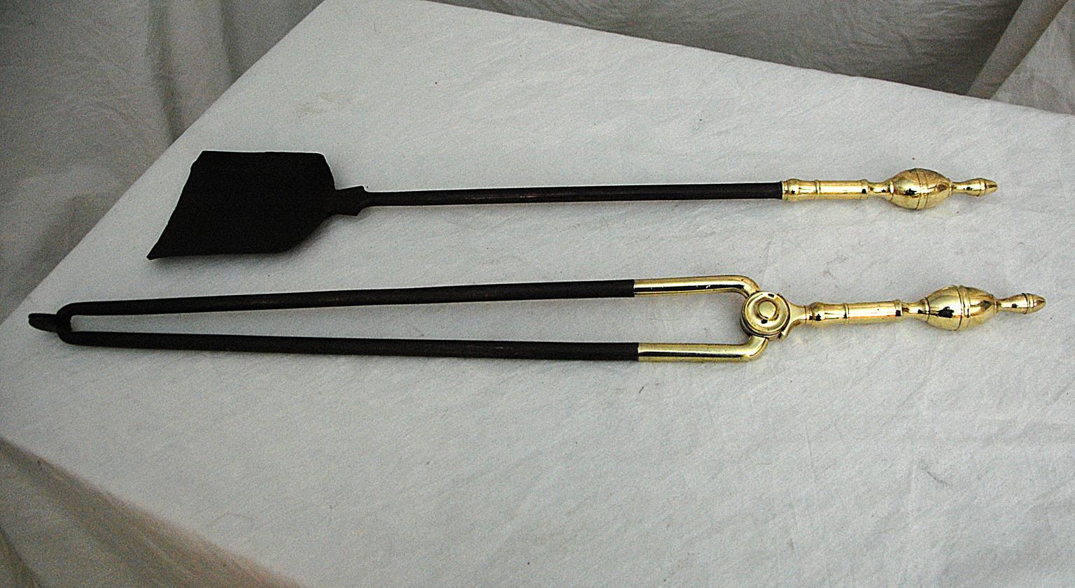American Federal Period Brass Double Lemon Top Andirons and Matching Firetools 1