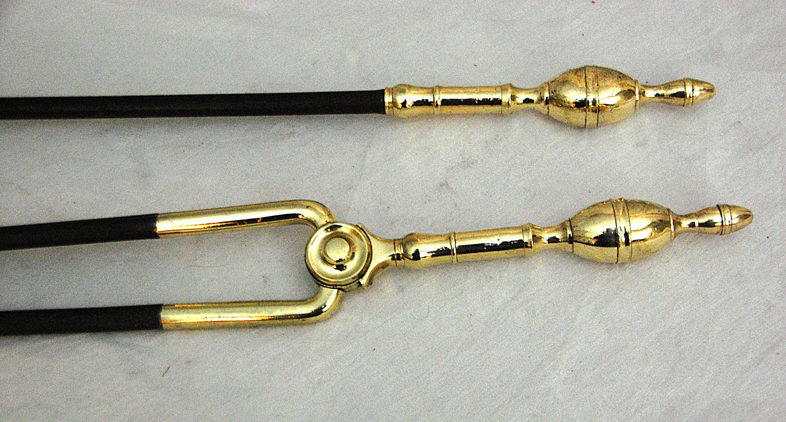 American Federal Period Brass Double Lemon Top Andirons and Matching Firetools 2