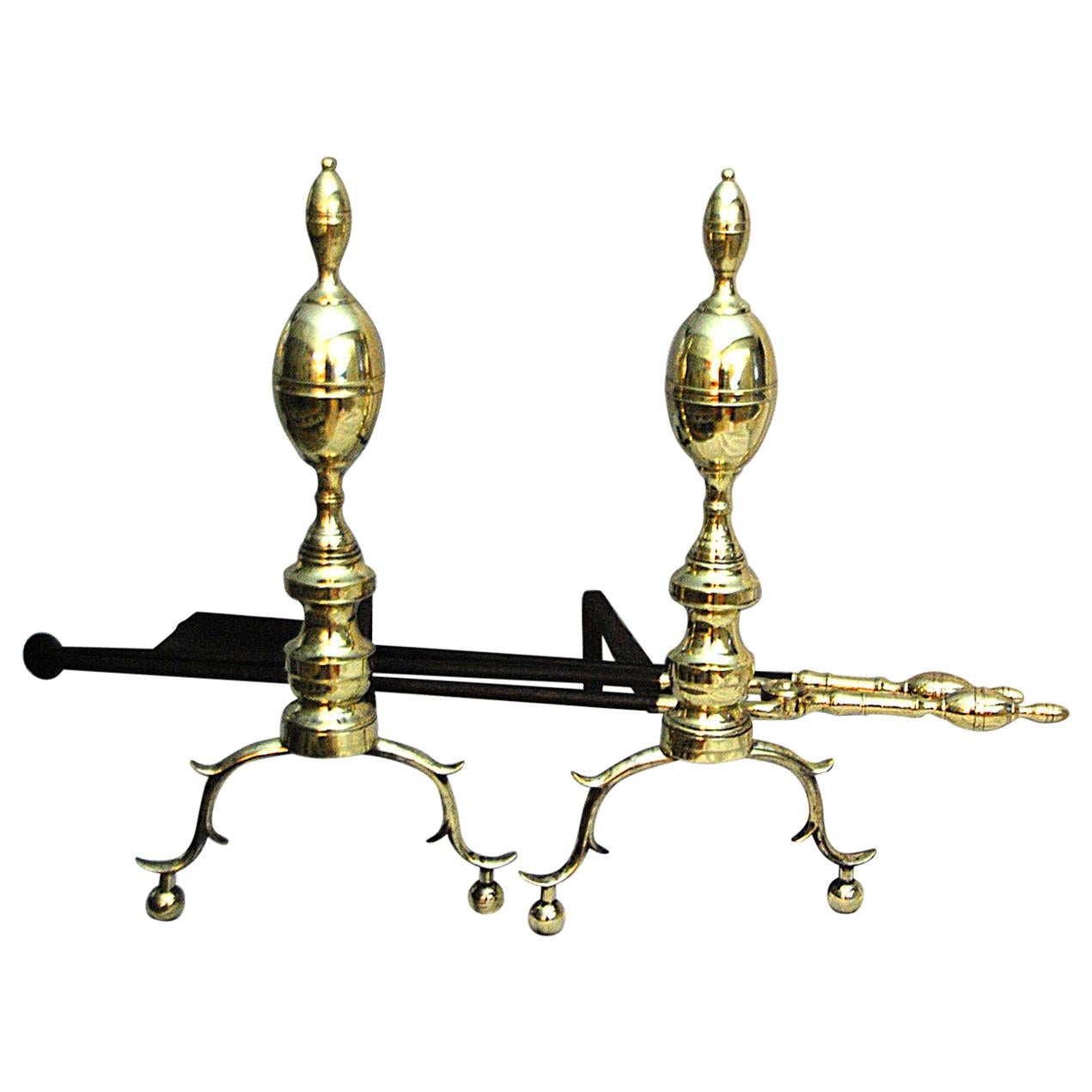 American Federal Period Brass Double Lemon Top Andirons and Matching Firetools