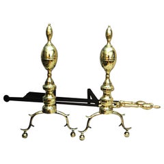 American Federal Period Brass Double Lemon Top Andirons and Matching Firetools