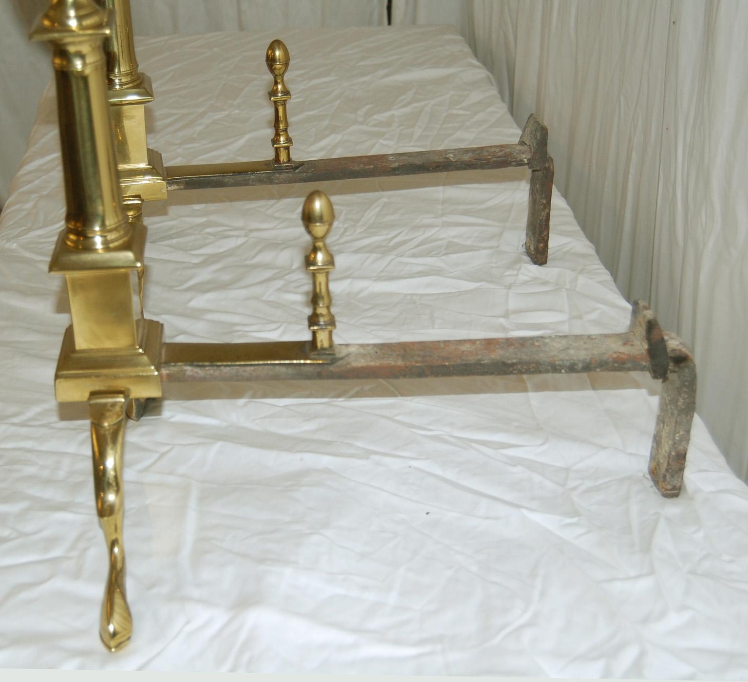 American Federal Brass Lemon Top Andirons with Cabriole Legs and Slipper Feet In Good Condition For Sale In Wells, ME
