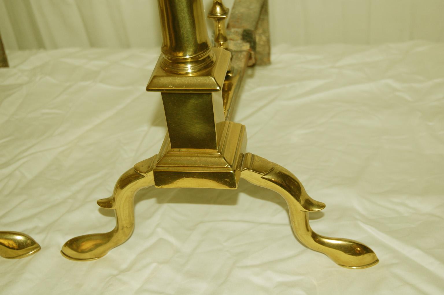 18th Century American Federal Brass Lemon Top Andirons with Cabriole Legs and Slipper Feet For Sale