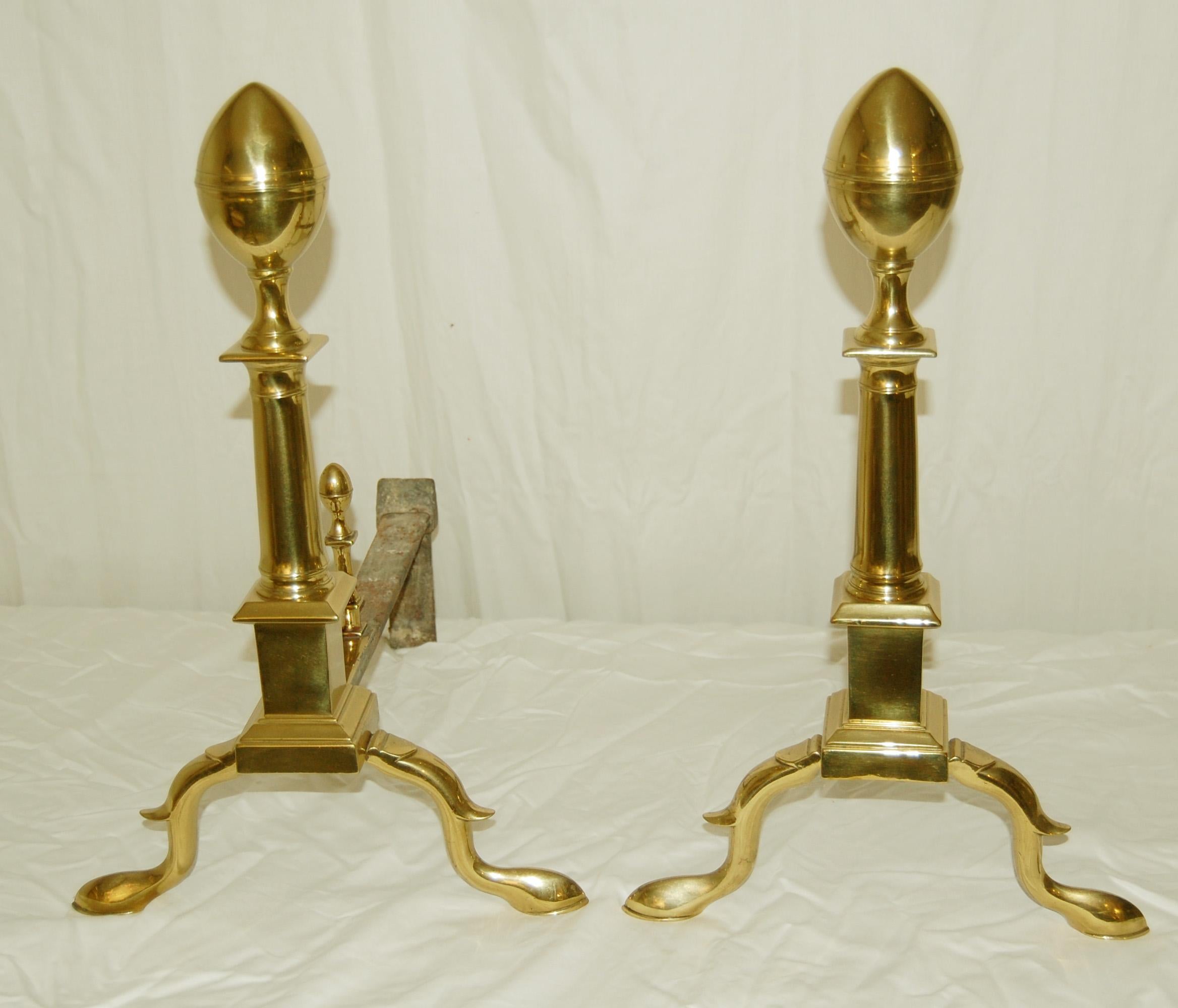 American Federal Brass Lemon Top Andirons with Cabriole Legs and Slipper Feet For Sale 1