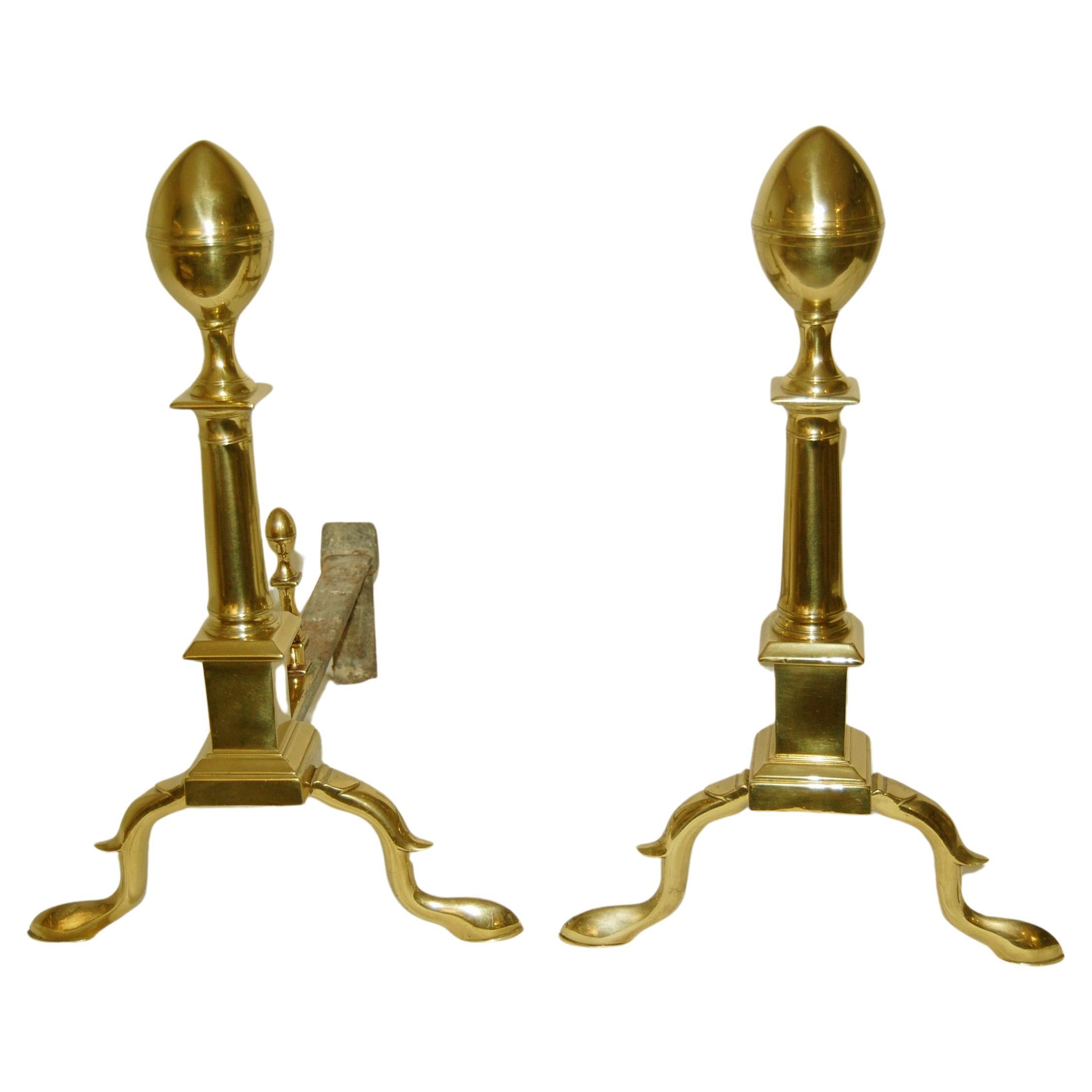 American Federal Brass Lemon Top Andirons with Cabriole Legs and Slipper Feet For Sale