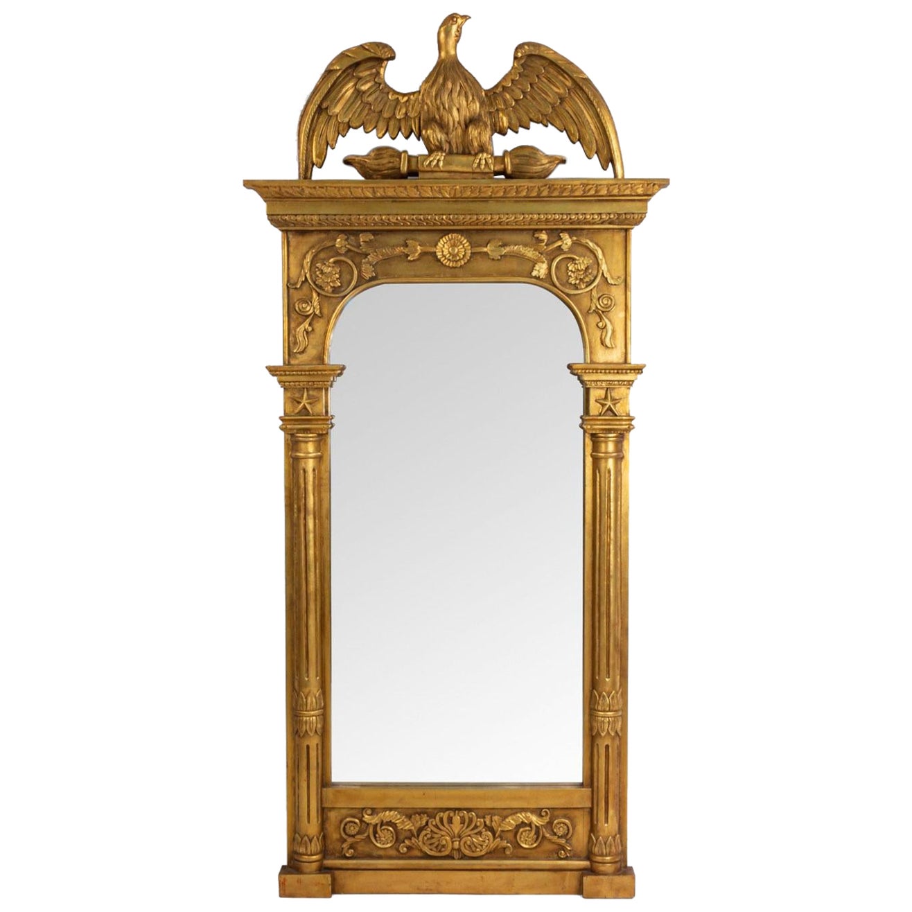 American Federal Carved Giltwood Eagle Pediment Wall Mirror