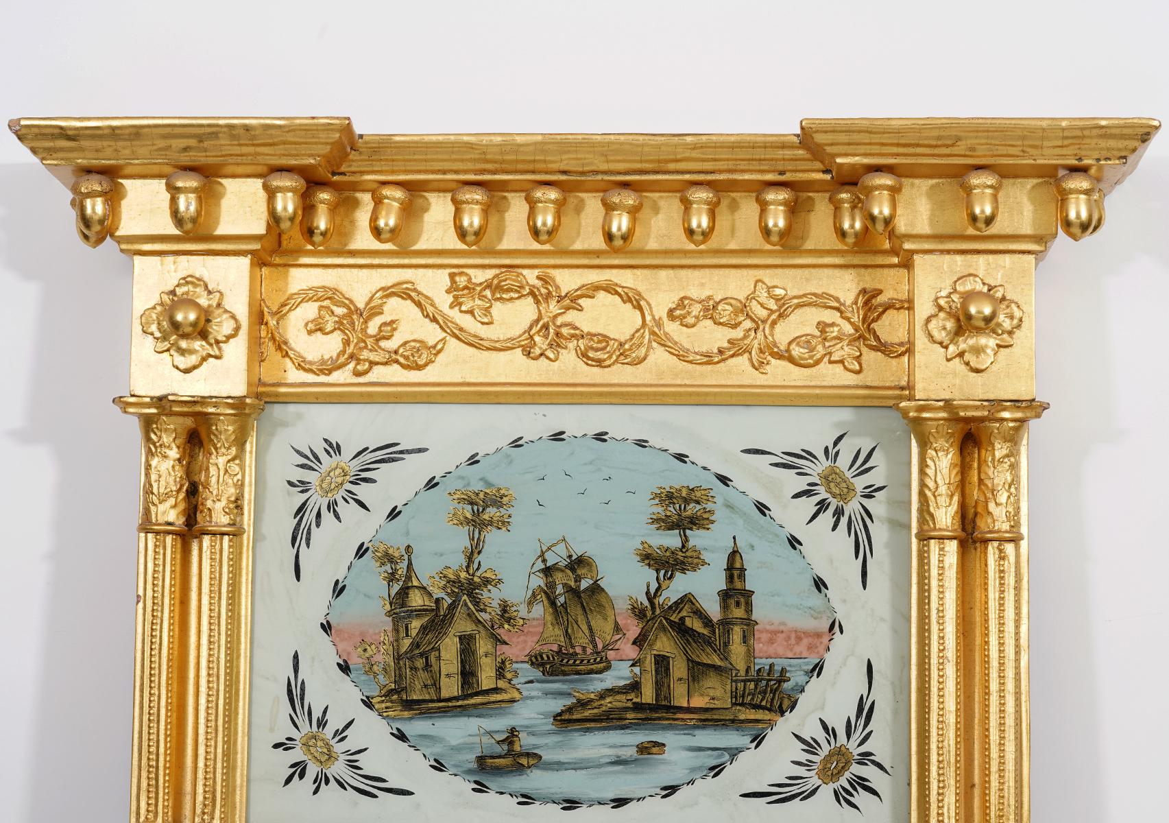 19th Century American Federal Carved Giltwood Pier Mirror w. Églomisé Panel, Boston 1800-1820