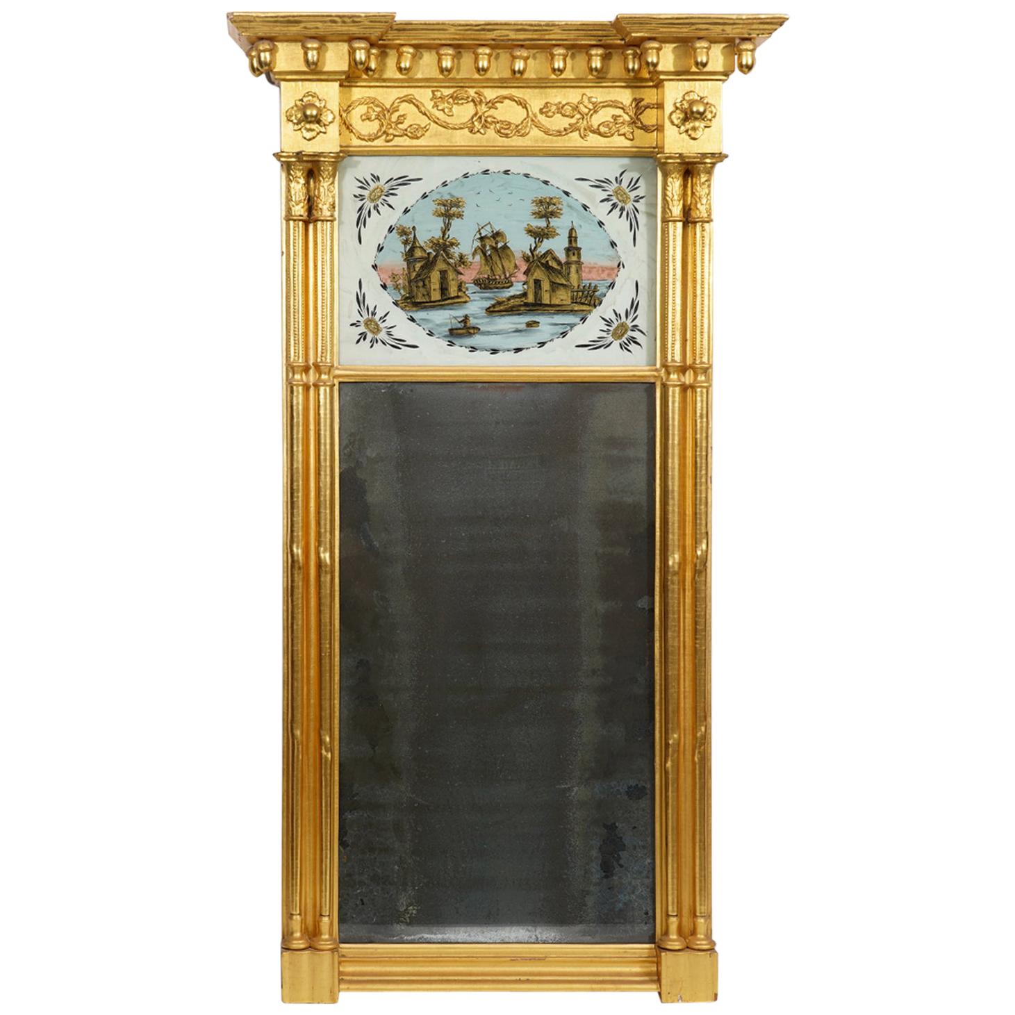 American Federal Carved Giltwood Pier Mirror w. Églomisé Panel, Boston 1800-1820