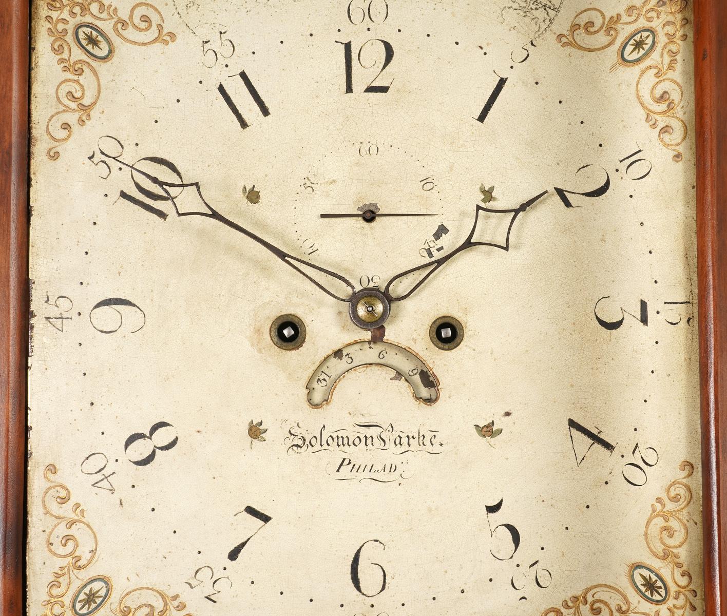 Metal American Federal Cherry Tall Case Clock by Solomon Parke Philadelphia circa 1800