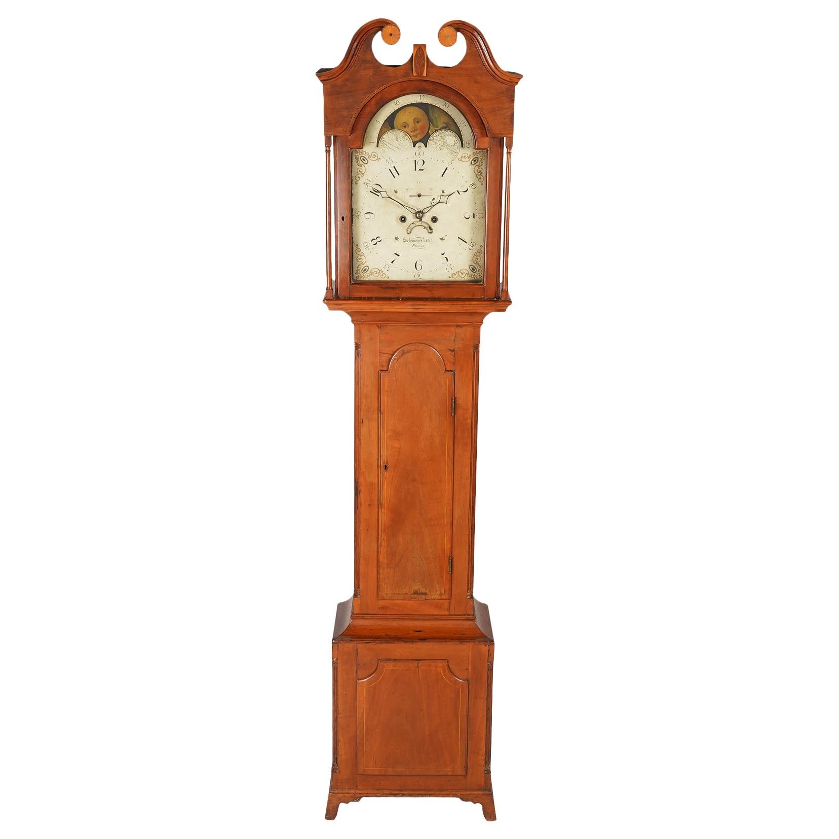 American Federal Cherry Tall Case Clock by Solomon Parke Philadelphia circa 1800