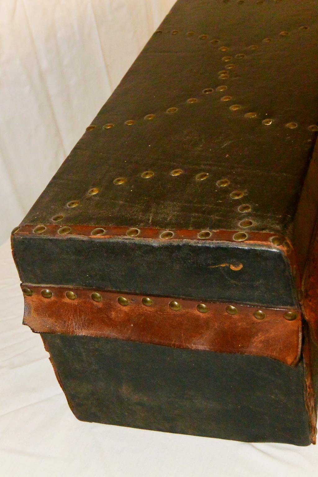 19th Century American Federal Child's Trunk Leather Covered with Brass Tacks For Sale