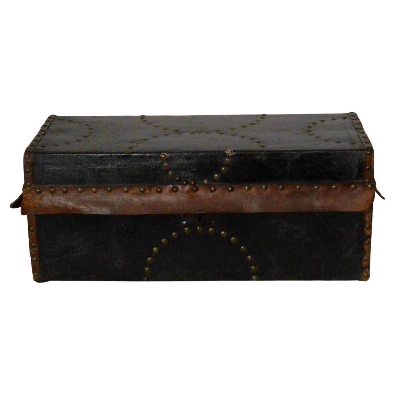 American Federal Child's Trunk Leather Covered with Brass Tacks For Sale