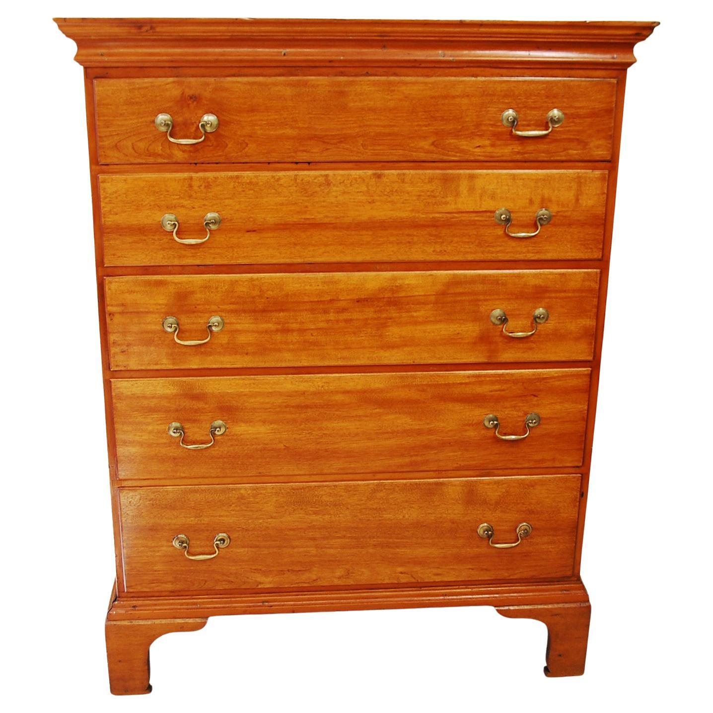 American Federal Chippendale Birch and Pine Tall Chest of Five Graduated Drawers For Sale