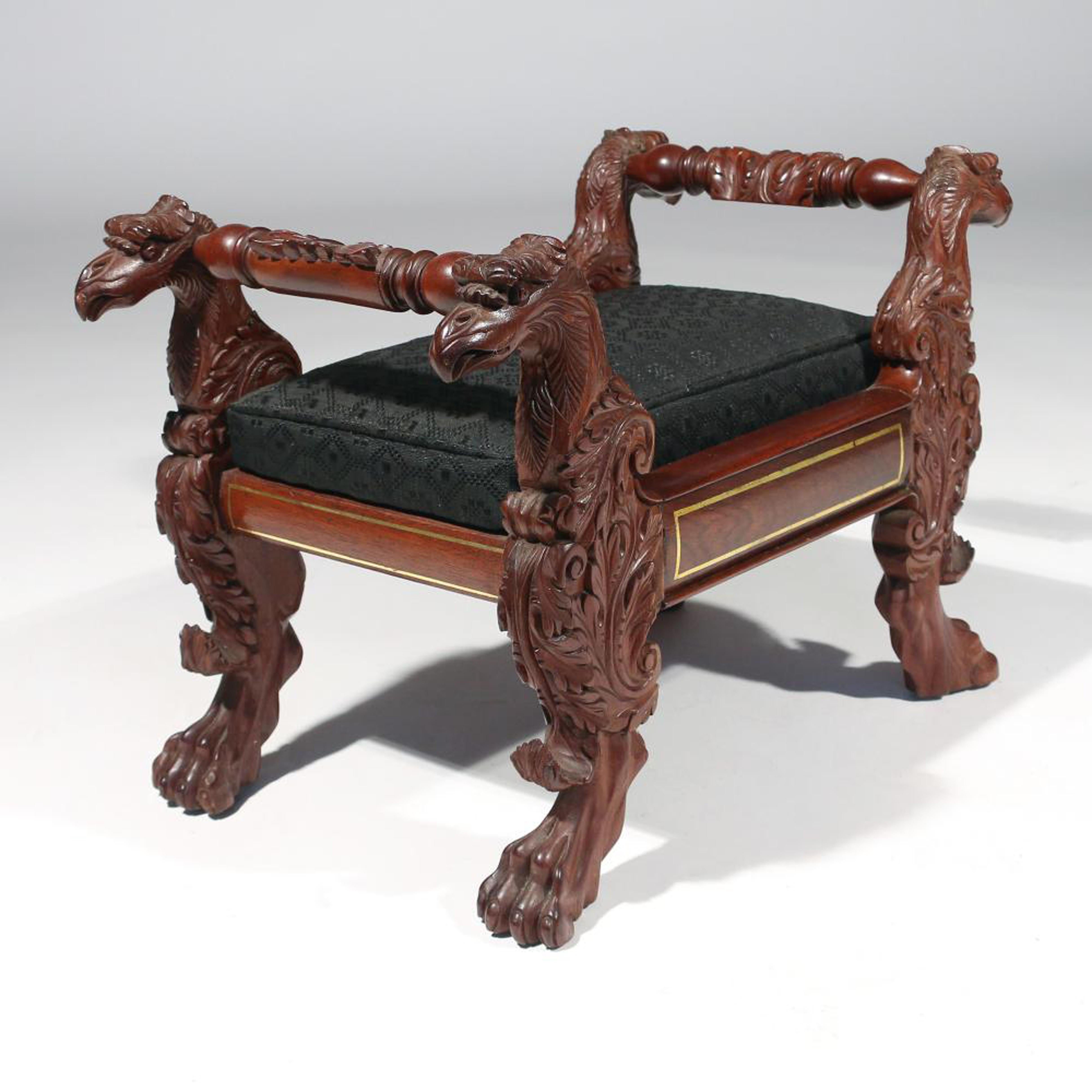 19th Century American Federal Classical Mahogany Foot Stool with Eagle-Head Handles