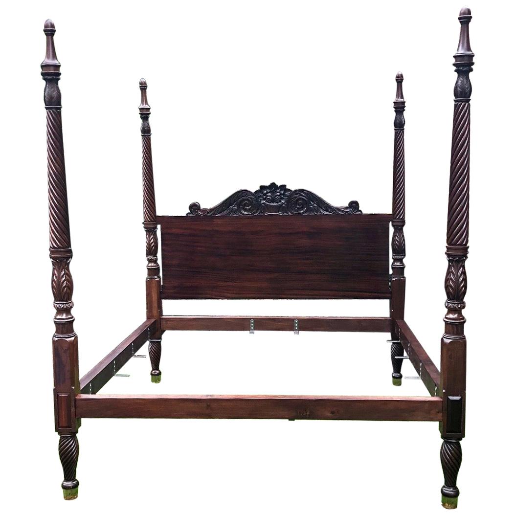 American Federal Four Poster Mahogany, Hand Carved King Size Bed Frame