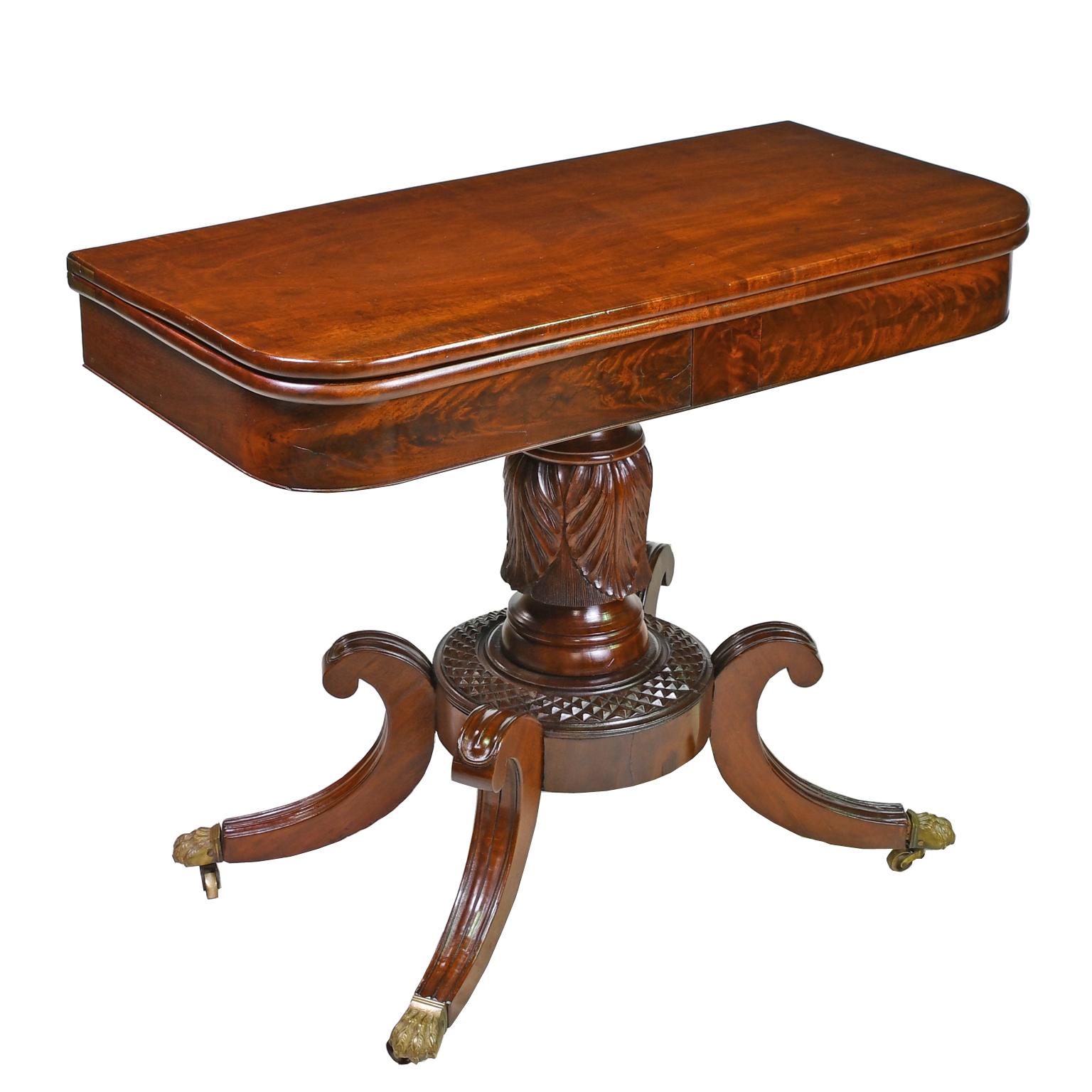 Brass American Federal Games/Card Table with Tobacco Leaf Carvings, Baltimore, c. 1820 For Sale