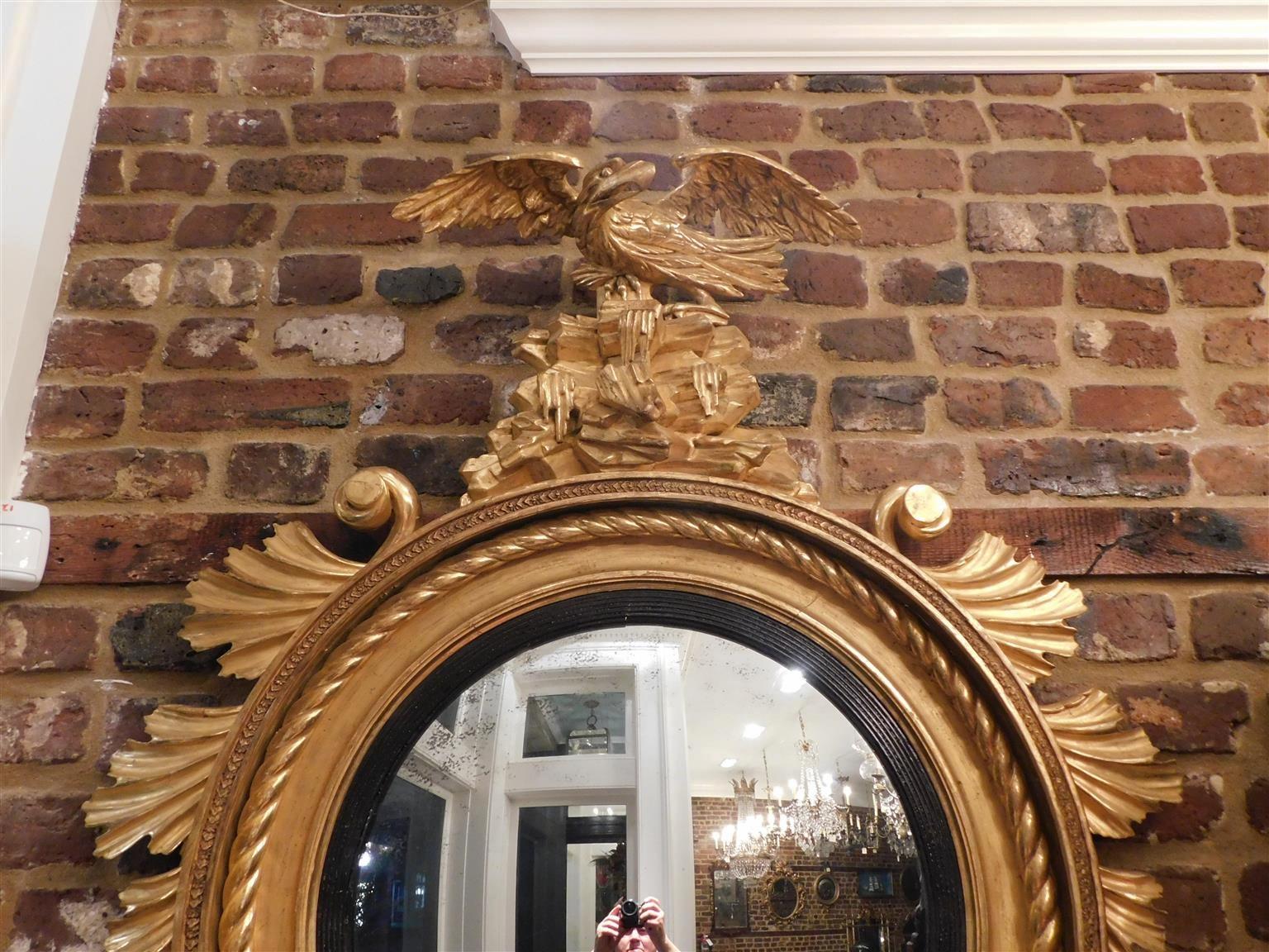 Hand-Crafted American Federal Gilt Eagle Convex Mirror with Acanthus & Shell Pendant, C. 1810 For Sale