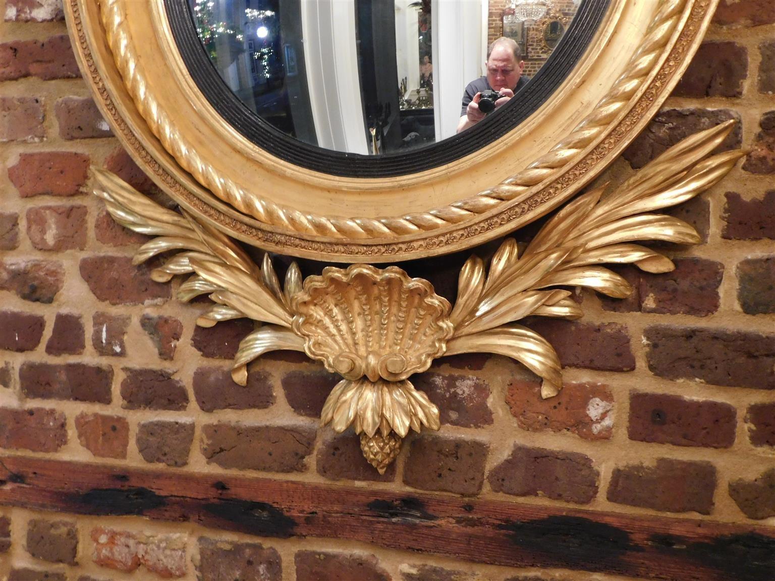 Early 19th Century American Federal Gilt Eagle Convex Mirror with Acanthus & Shell Pendant, C. 1810 For Sale