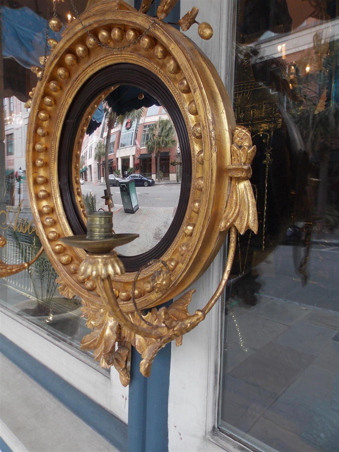 American Federal Gilt Wood Ebonized Eagle Girandole Convex Mirror, Circa 1810 For Sale 1
