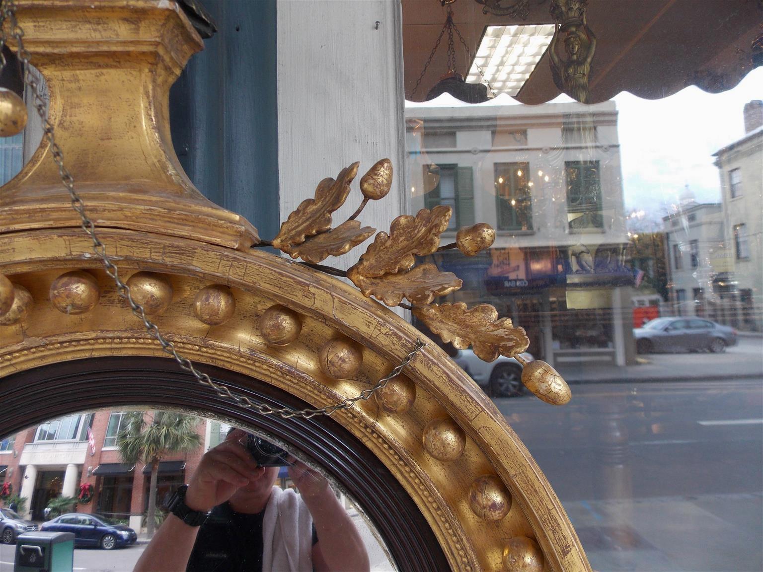 American Federal Gilt Wood Ebonized Eagle Girandole Convex Mirror, Circa 1810 In Excellent Condition For Sale In Hollywood, SC