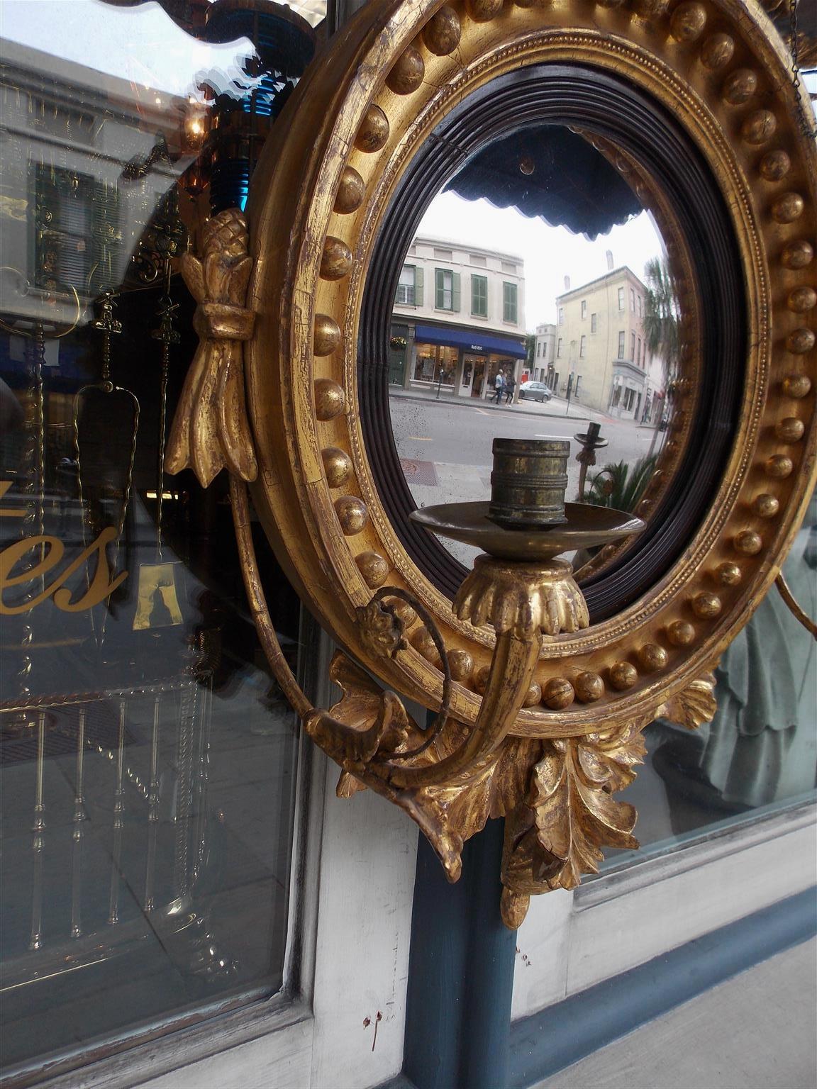 Early 19th Century American Federal Gilt Wood Ebonized Eagle Girandole Convex Mirror, Circa 1810 For Sale