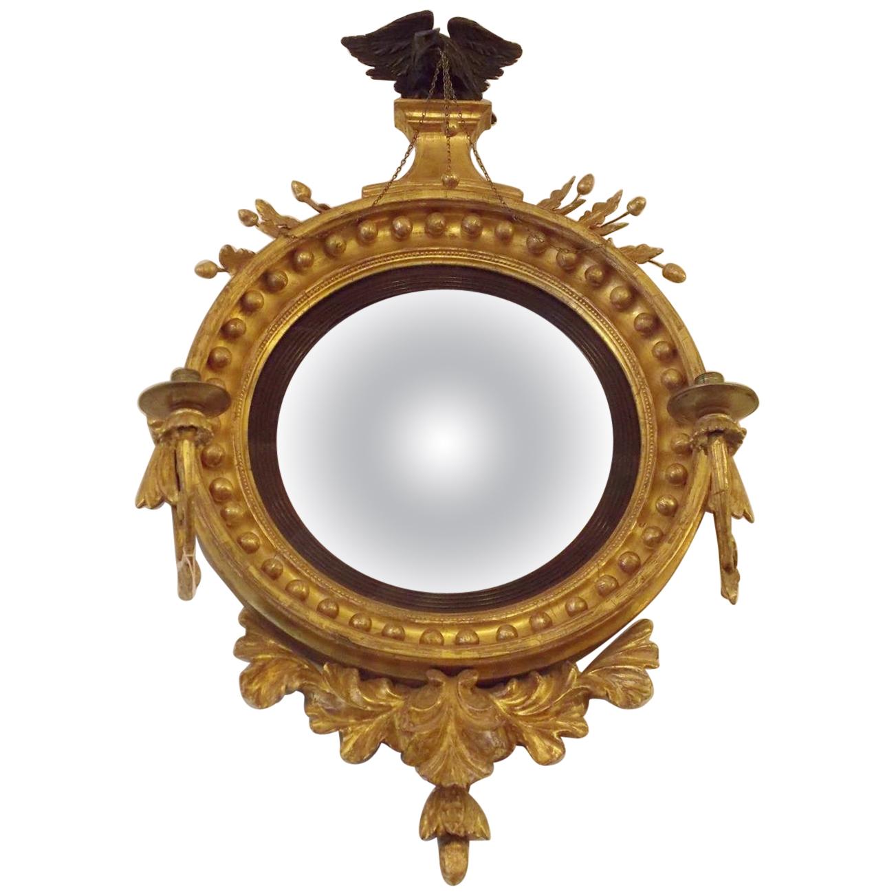 American Federal Gilt Wood Ebonized Eagle Girandole Convex Mirror, Circa 1810 For Sale