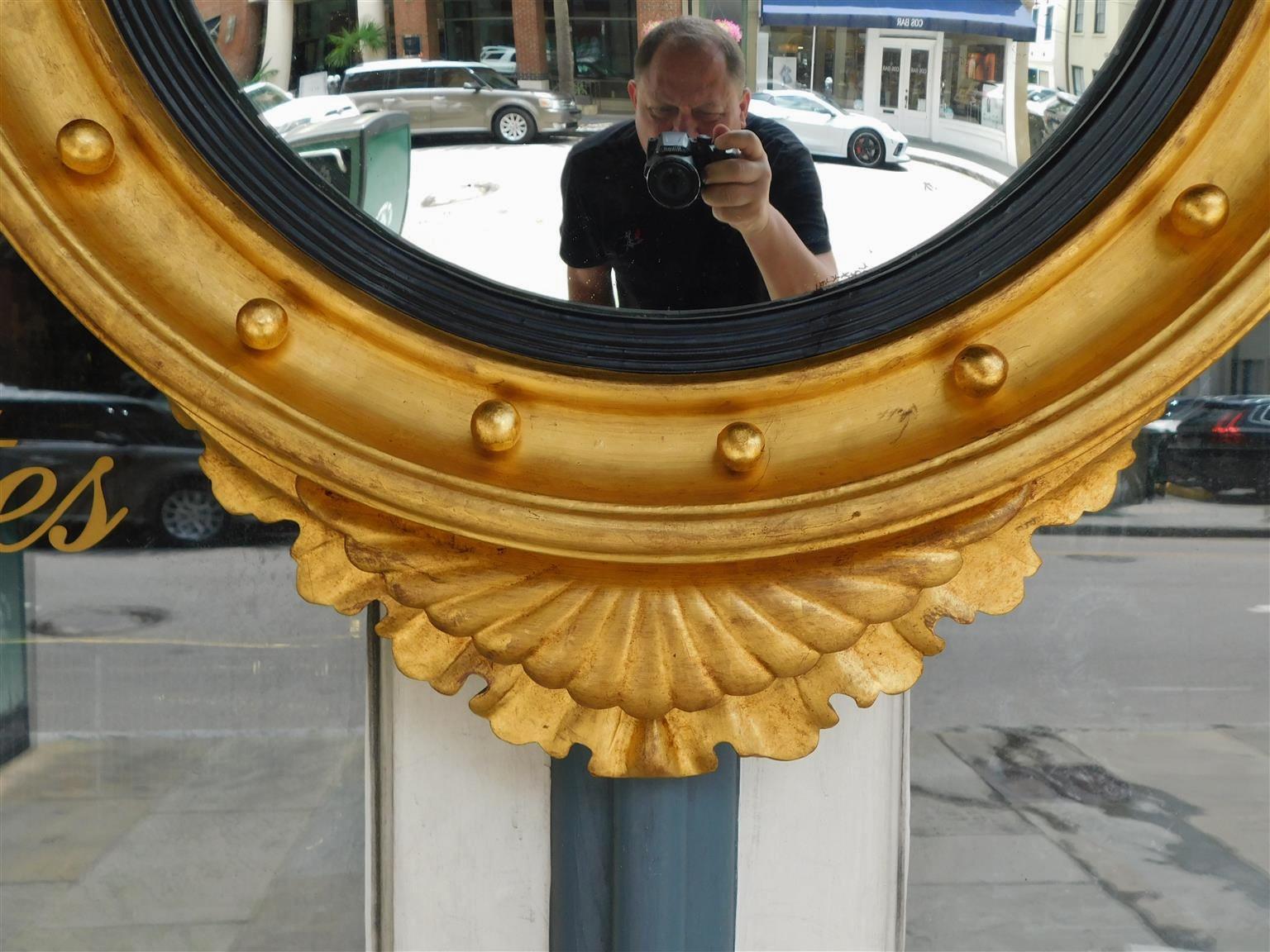 Ebony American Federal Gilt Wood Convex Mirror with Perched Eagle to Flee, Circa 1820 For Sale