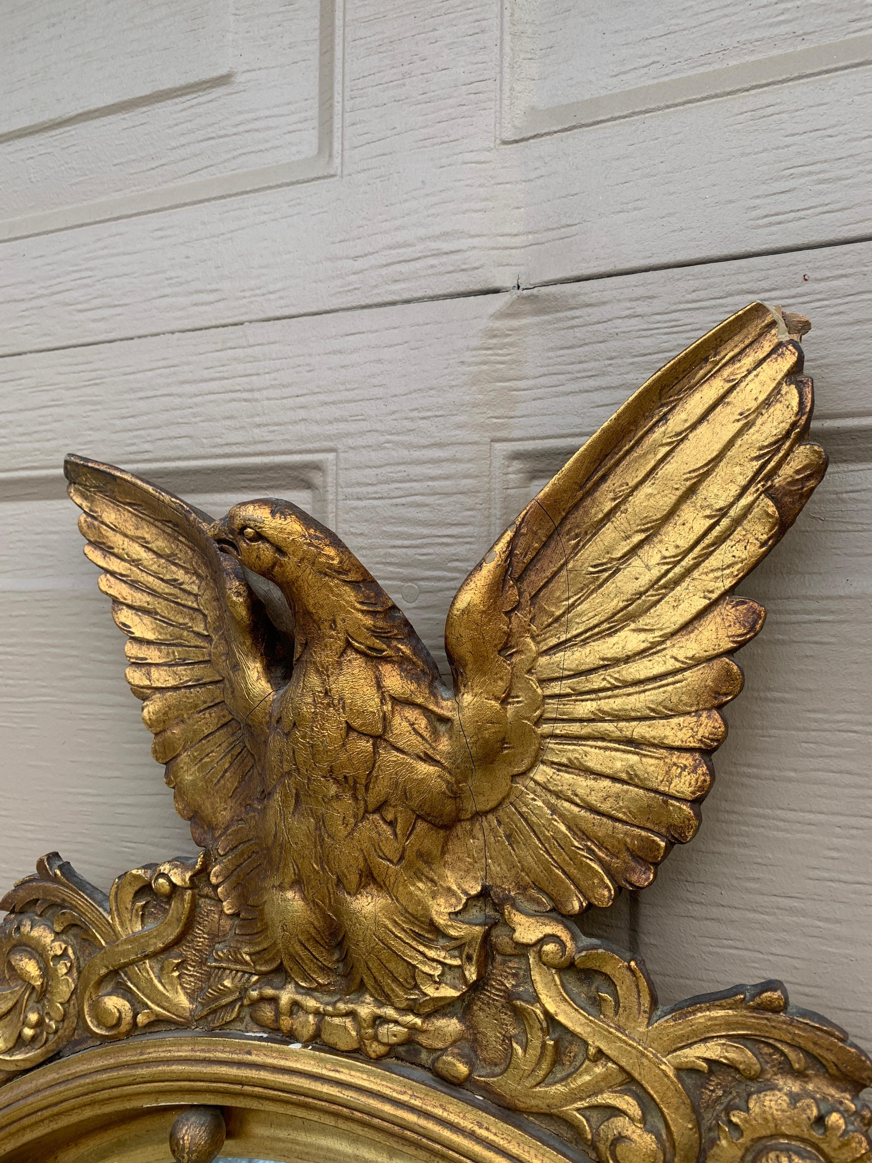 Ein prächtiger konvexer Wandspiegel im Federal- oder Regency-Stil mit einem geschnitzten Adler mit ausgebreiteten Flügeln, der auf belaubten Zweigen steht, und 13 kleinen Kugeln, die die ursprünglichen 13 Kolonien darstellen, um den Innenumfang
