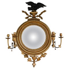American Federal Girandole Ebonizado Águila Dorado Madera Follaje Espejo Convexo C 1800
