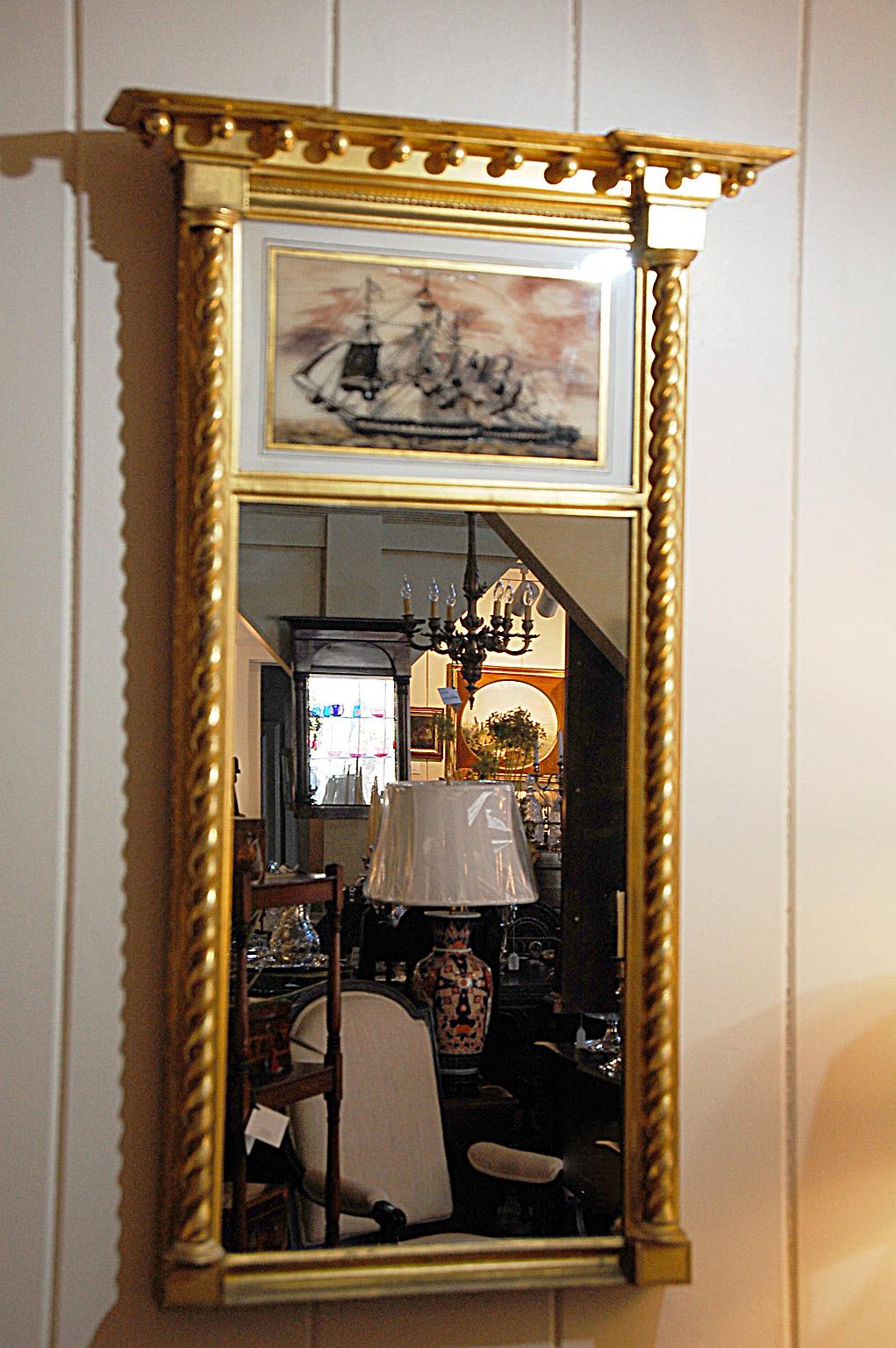 American Federal Gold Leaf Mirror with Eglomise Battle Scene from War of 1812 In Good Condition In Wells, ME