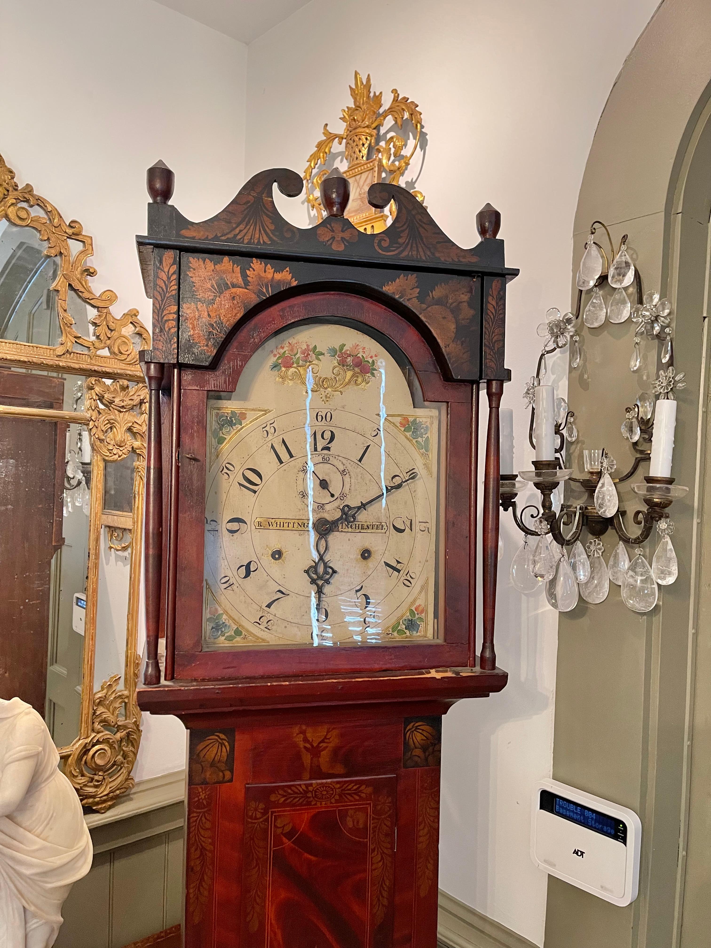 American Federal Grain Painted and Stenciled Tall Clock by Rufus Cole In Good Condition For Sale In Essex, MA
